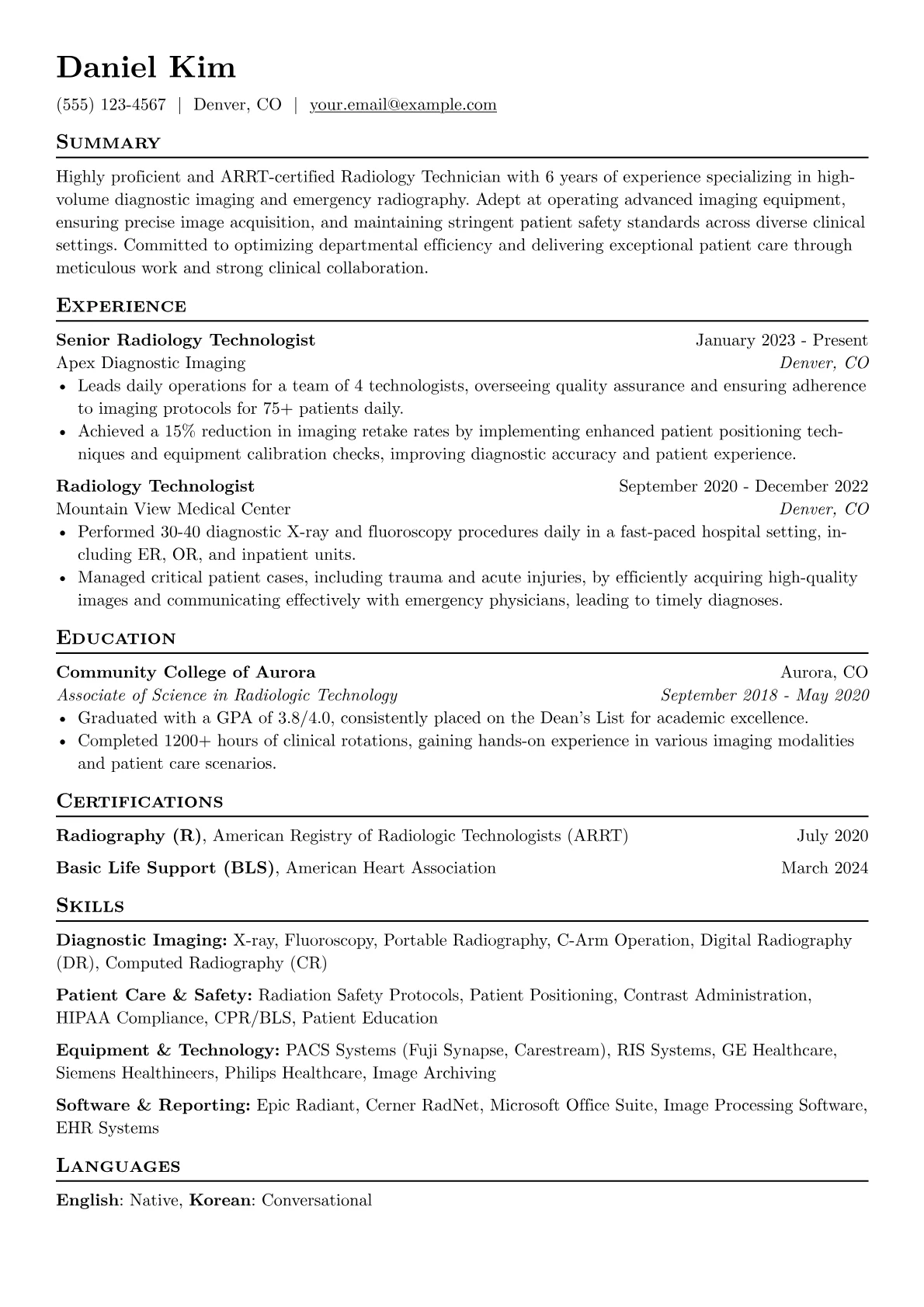 Radiology Technician resume example, Diagnostic Imaging, page 1