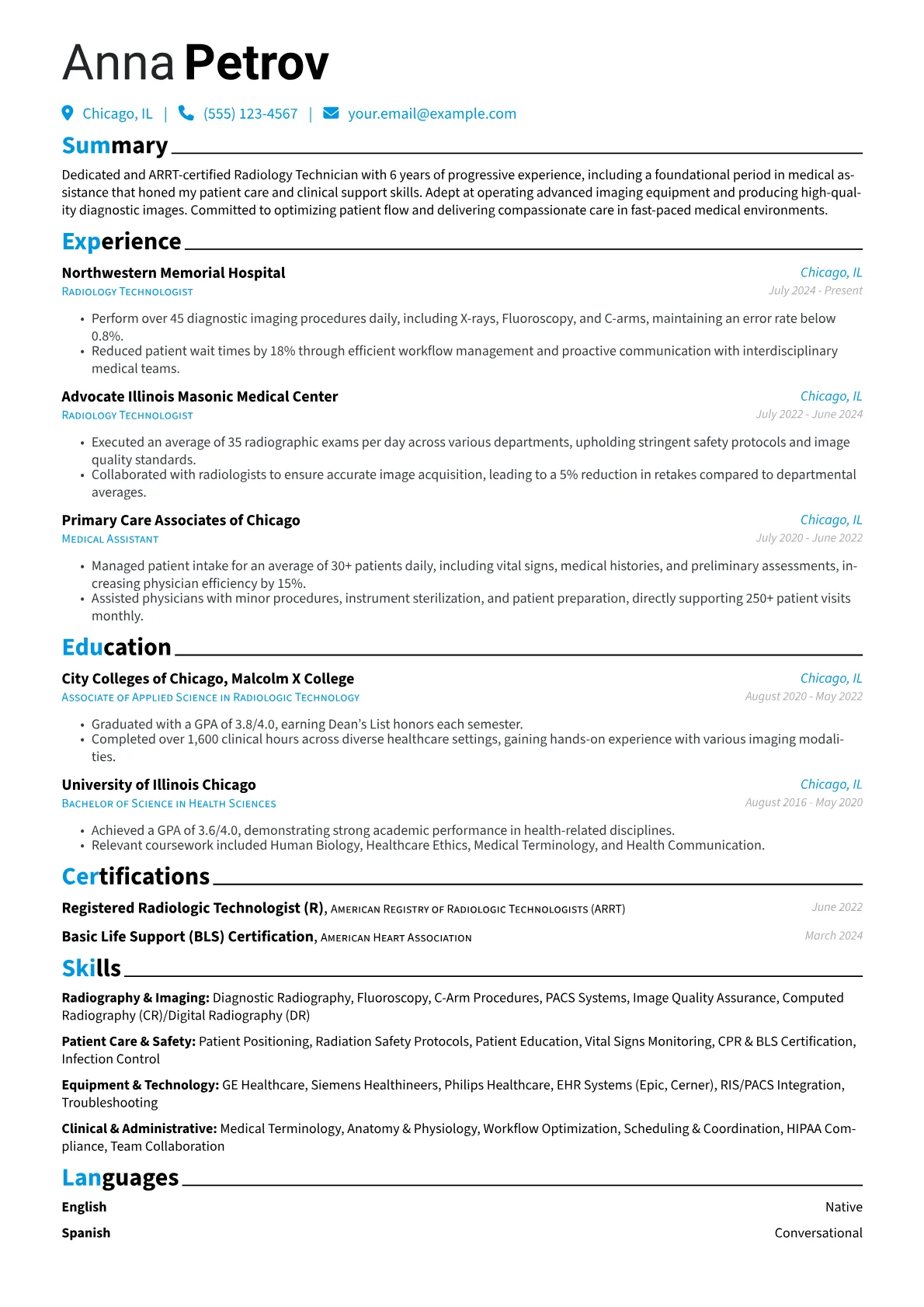 Radiology Technician resume example, Career changer, page 1