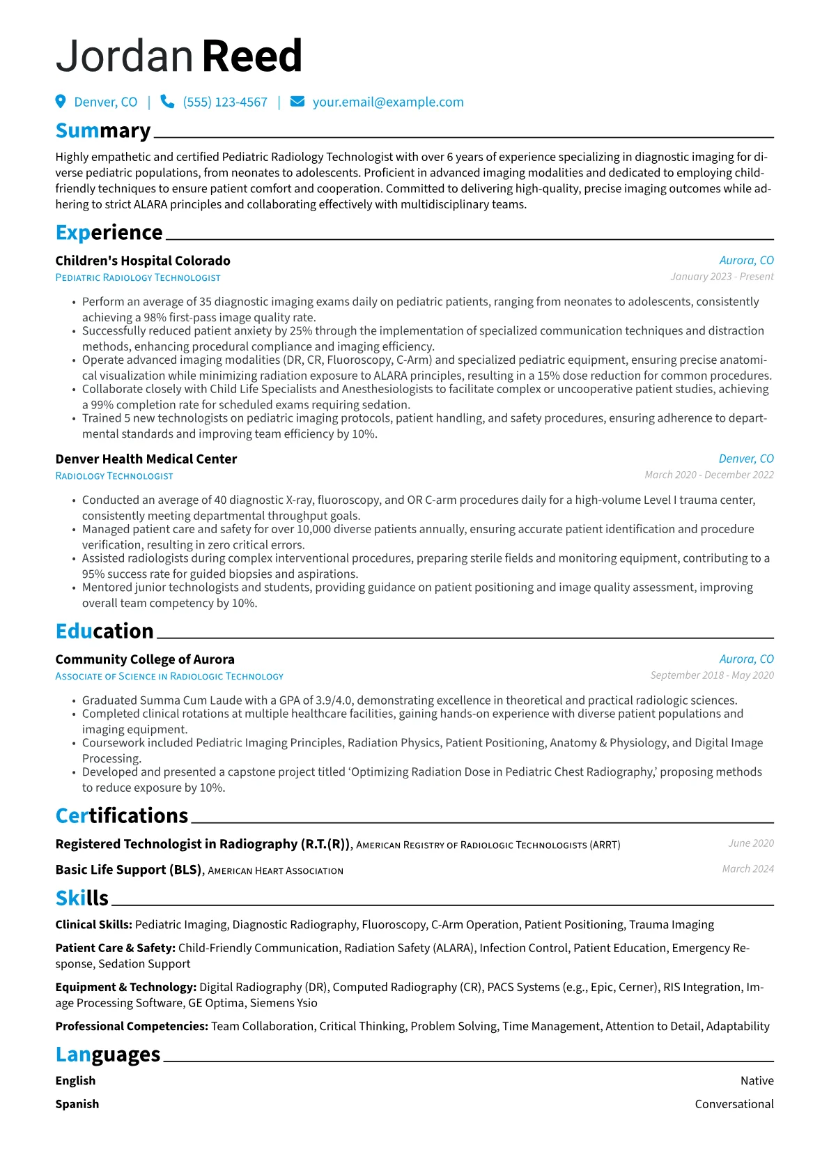 Radiology Technologist resume example, Pediatric Radiology, page 1