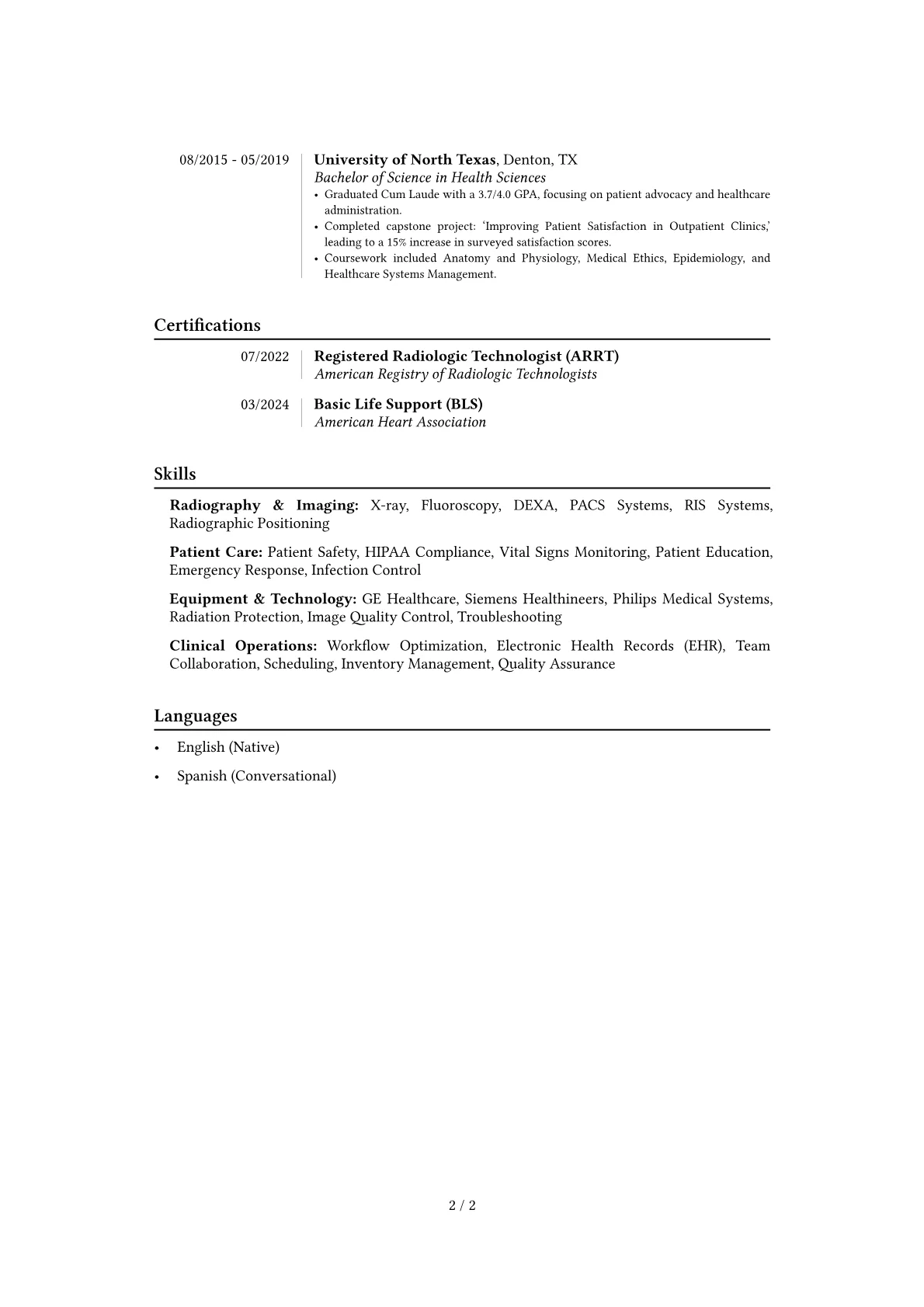 Radiology Technologist resume example, Career changer, page 2