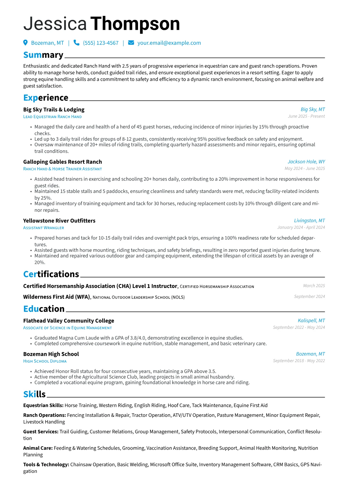 Ranch Hand resume example, Equestrian Skills, page 1