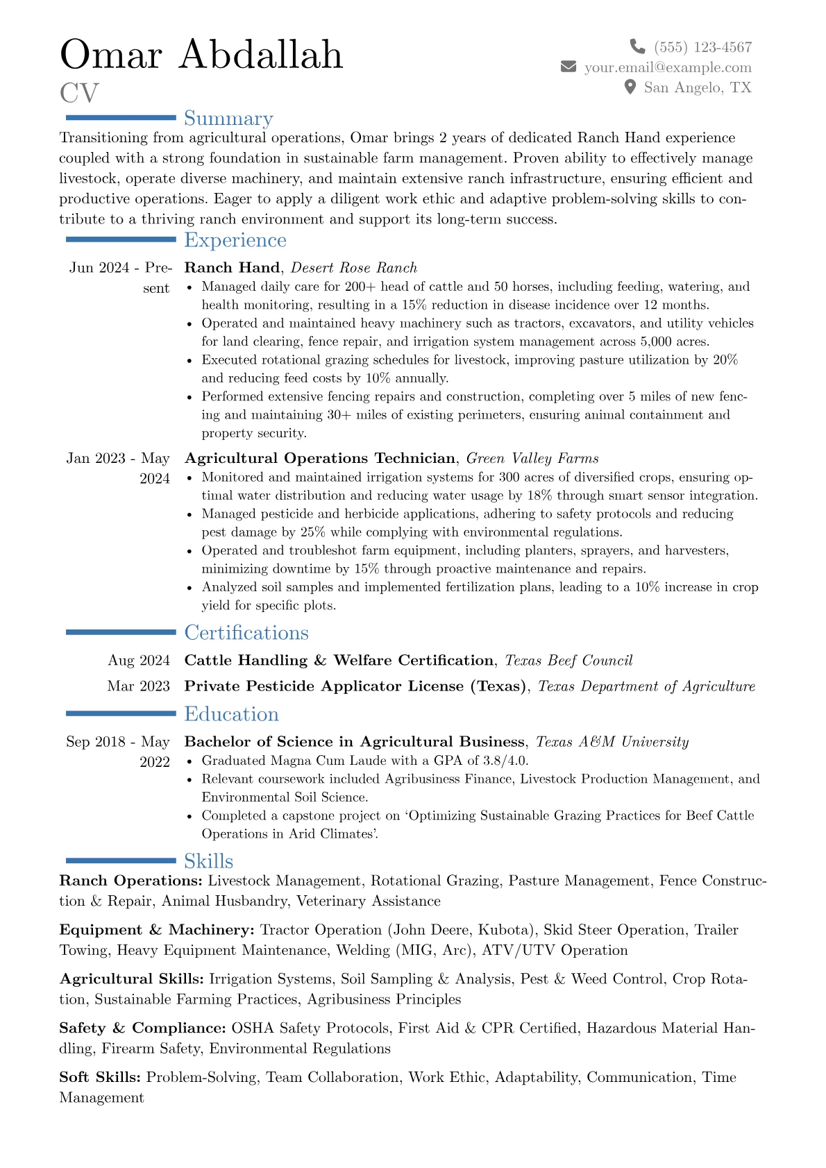 Ranch Hand resume example, Career changer, page 1