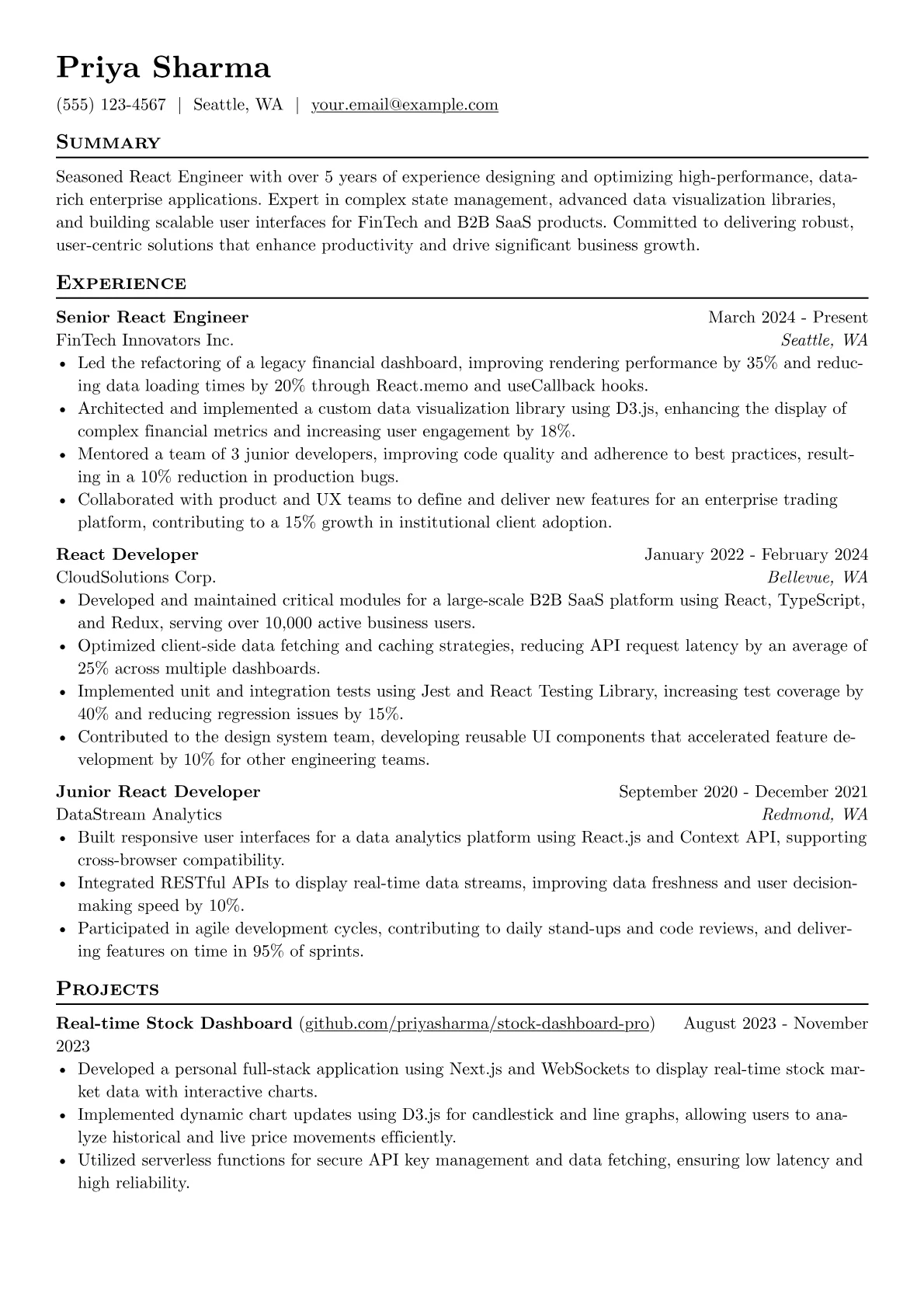 React Engineer resume example, React Engineer - Data, page 1