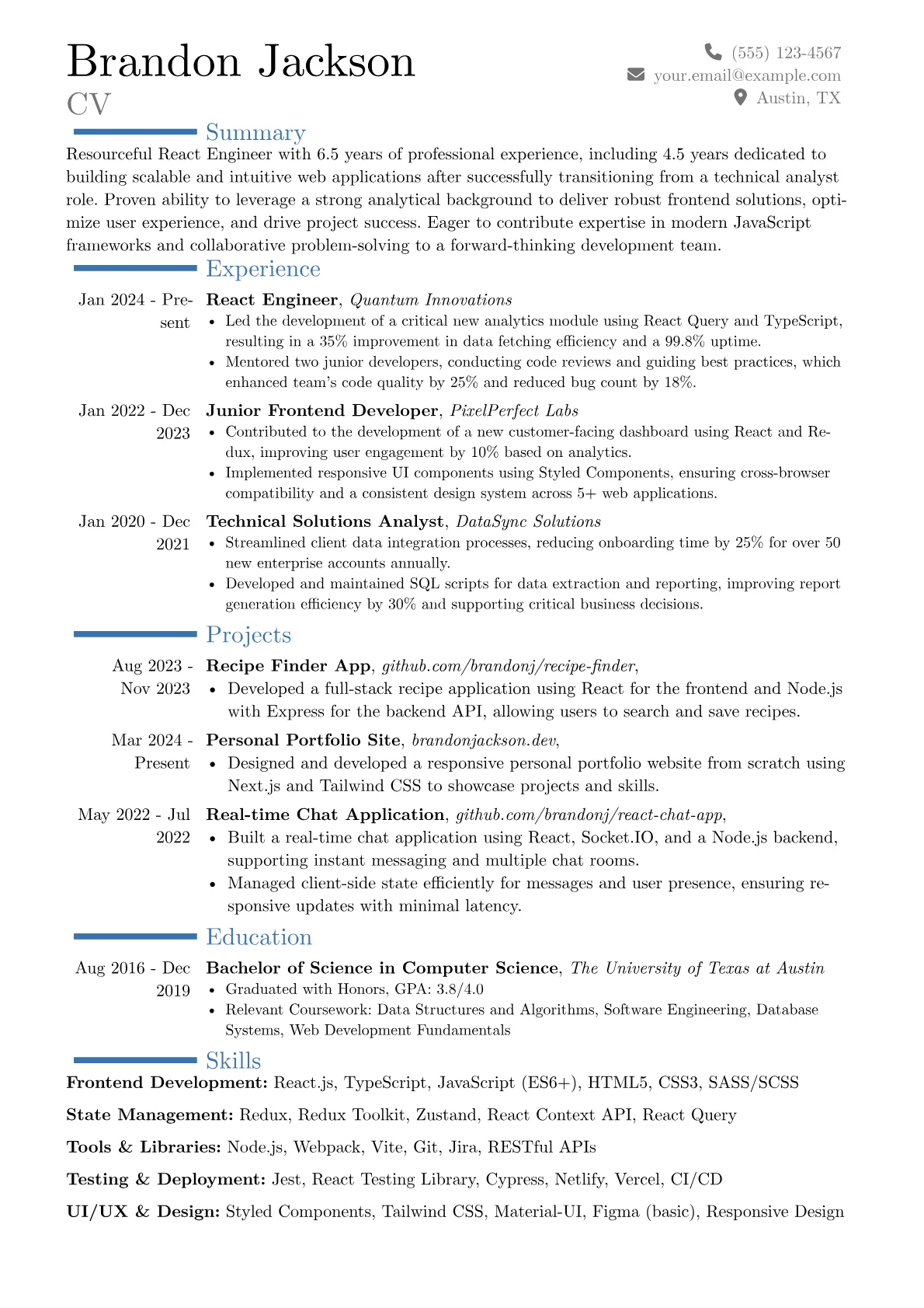 React Engineer resume example, Career changer, page 1