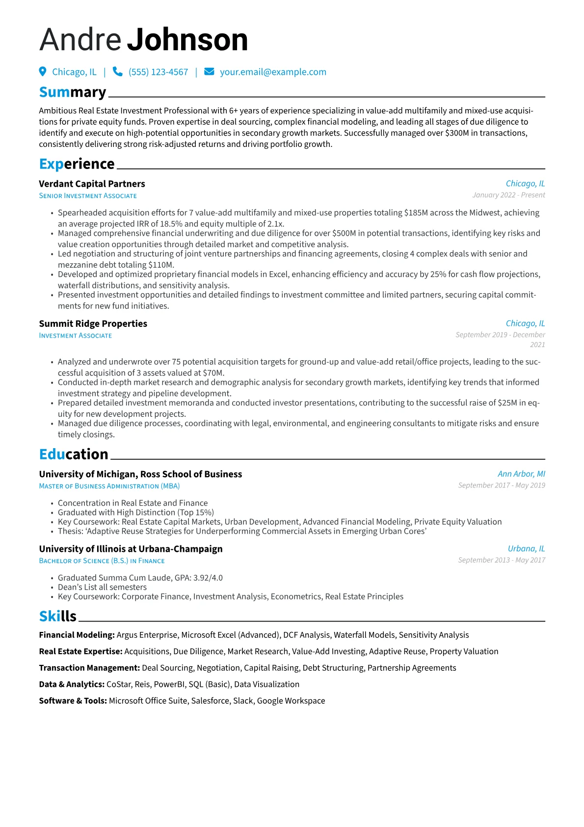 Real Estate Investor resume example, Financial Modeling, page 1