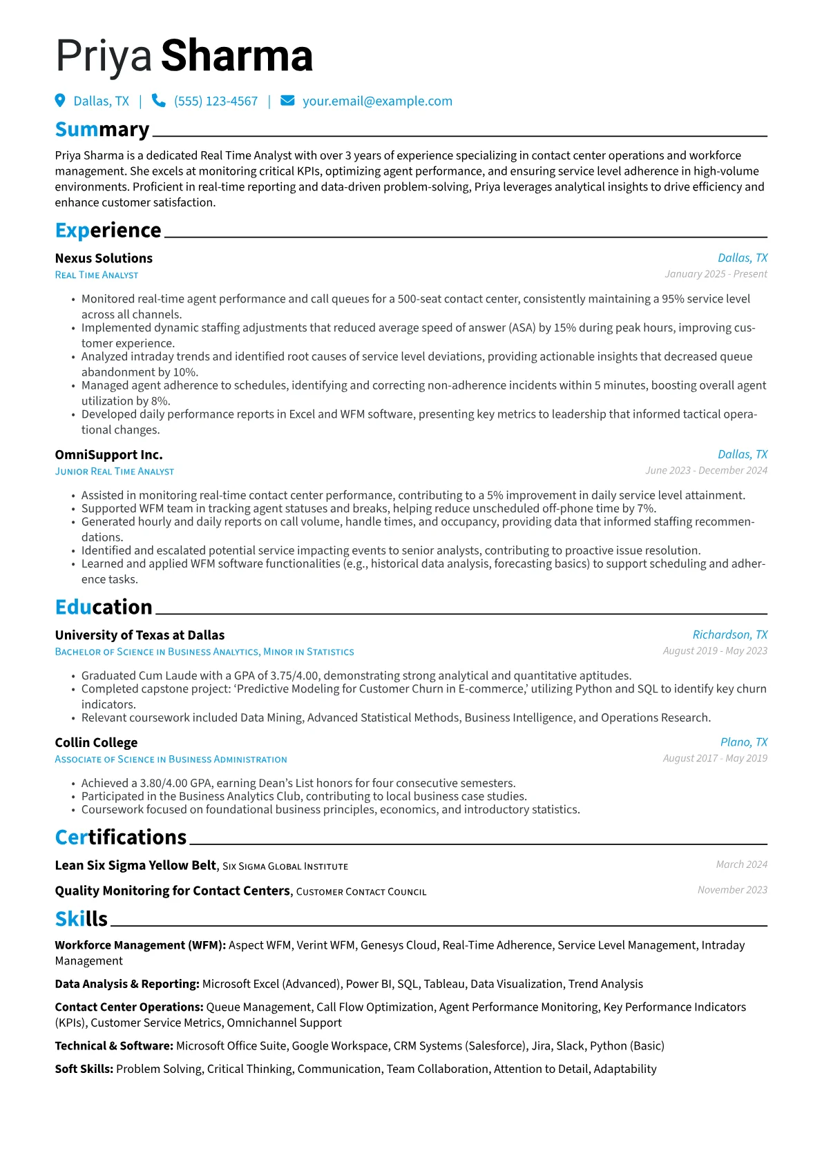 Real Time Analyst resume example, Contact Center Focus, page 1