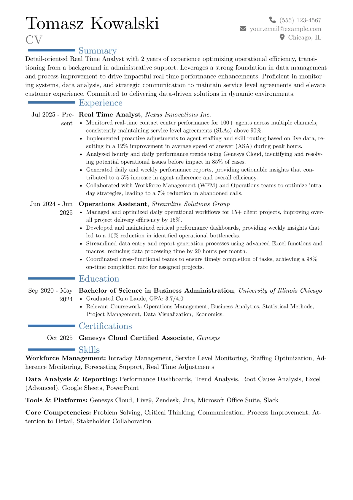 Real Time Analyst resume example, Career changer, page 1