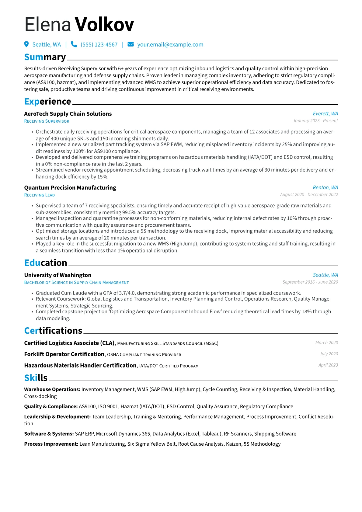 Receiving Supervisor resume example, Aerospace & Defense, page 1