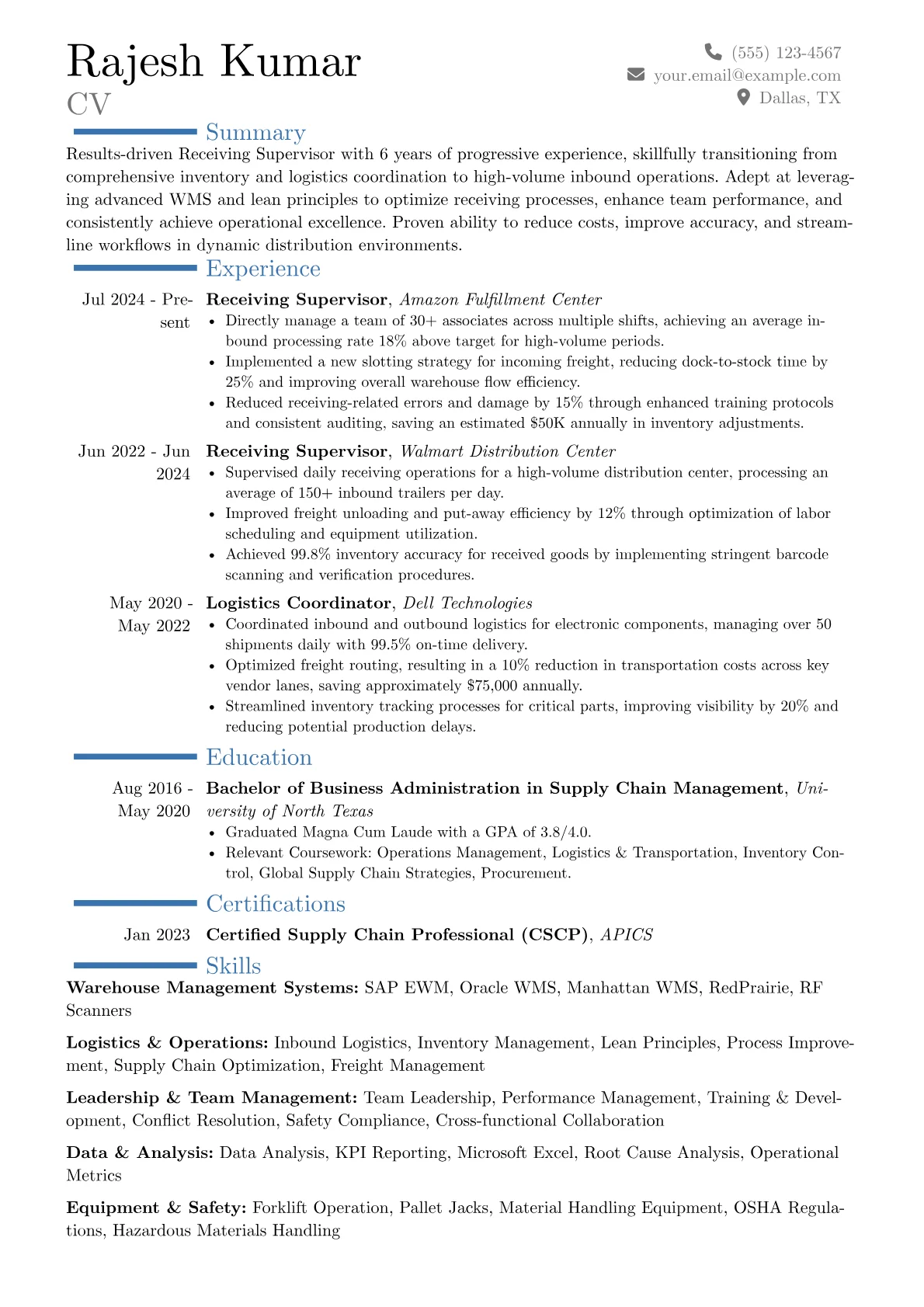 Receiving Supervisor resume example, Career changer, page 1
