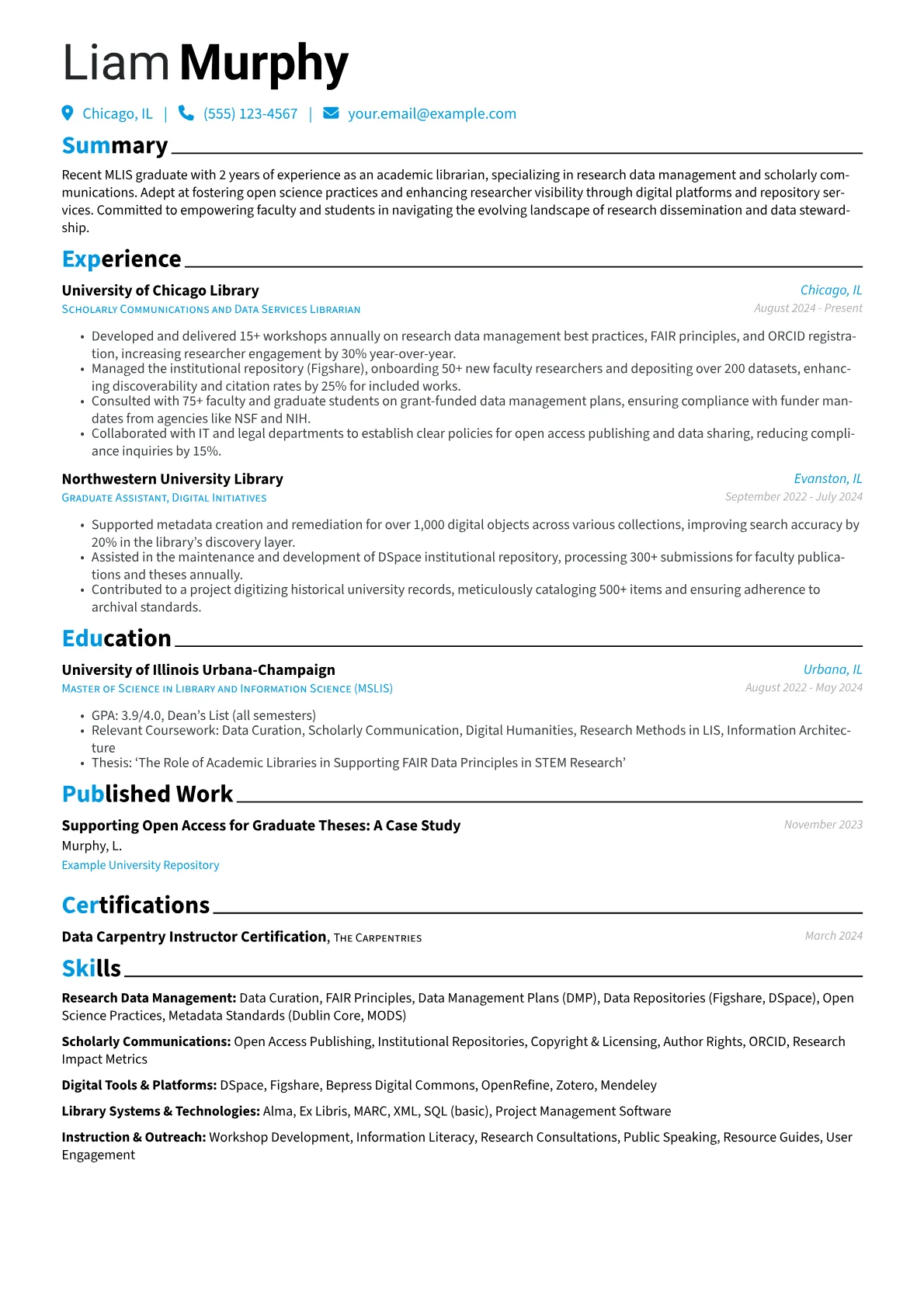 Recent Graduate Academic Librarian resume example, Research Data & Scholarly, page 1