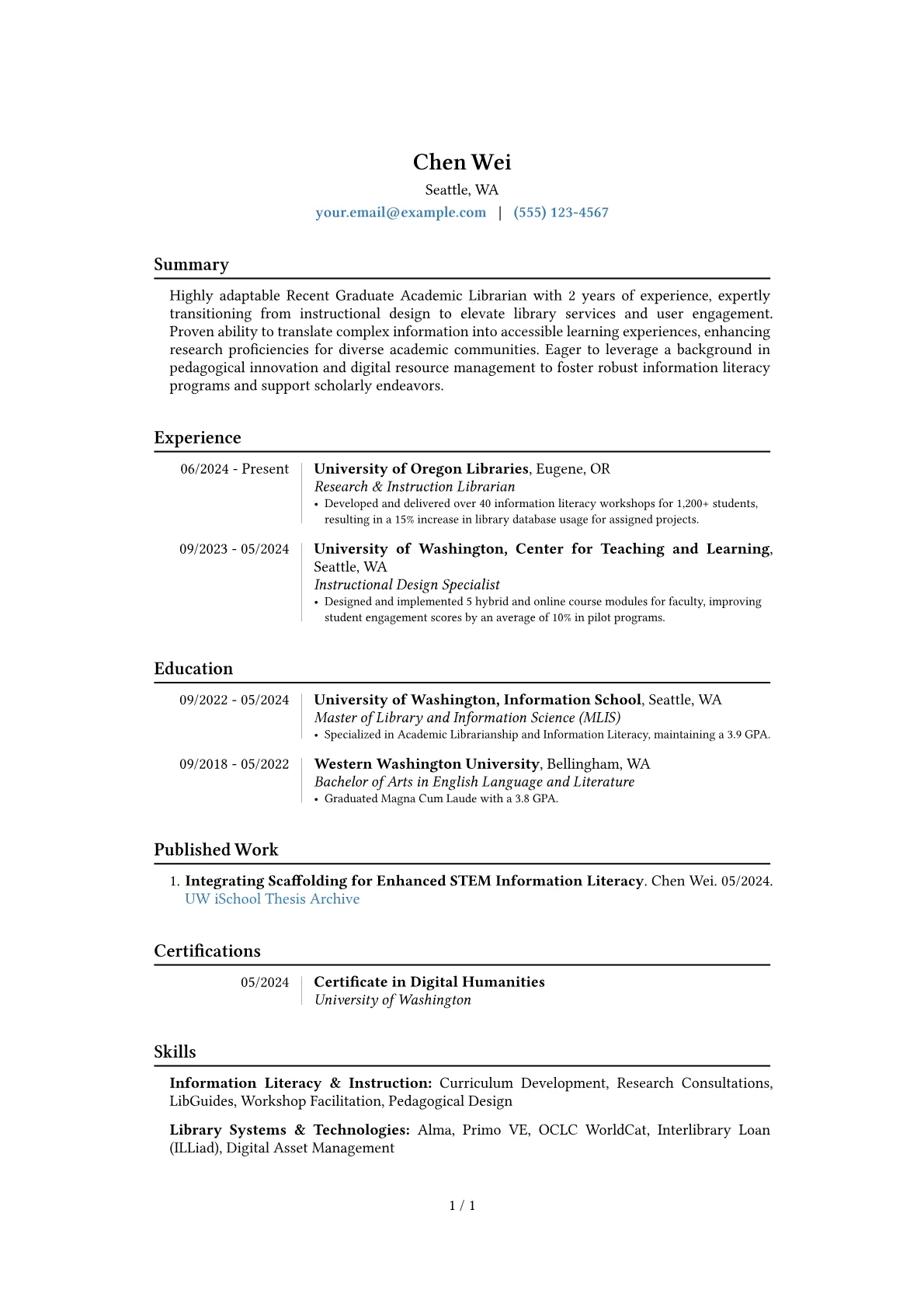 Recent Graduate Academic Librarian resume example, Career changer, page 1