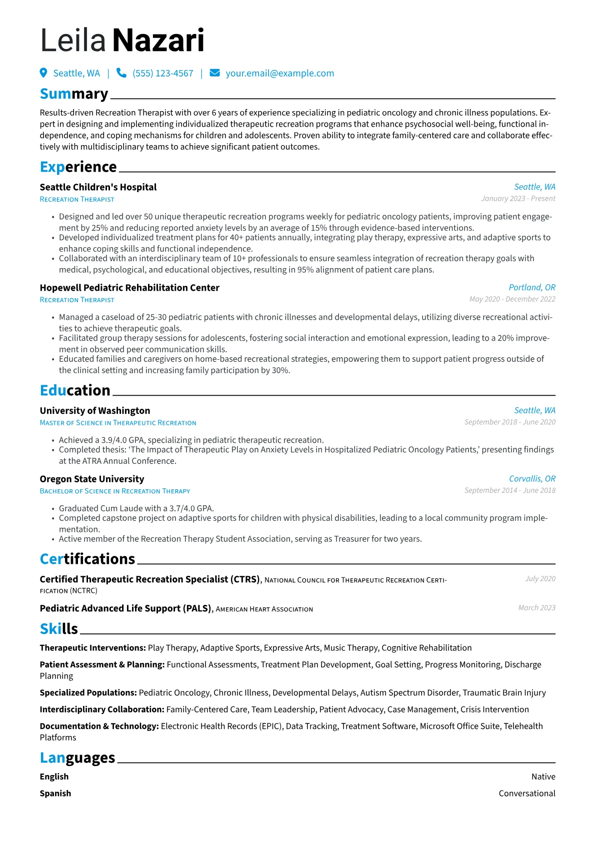 Recreation Therapist resume example, Pediatric Oncology Focus, page 1