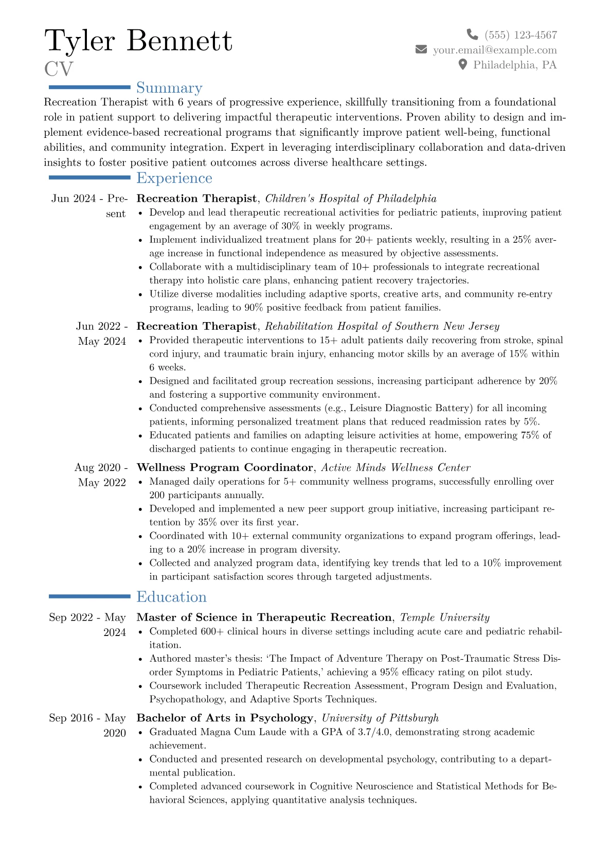 Recreation Therapist resume example, Career changer, page 1
