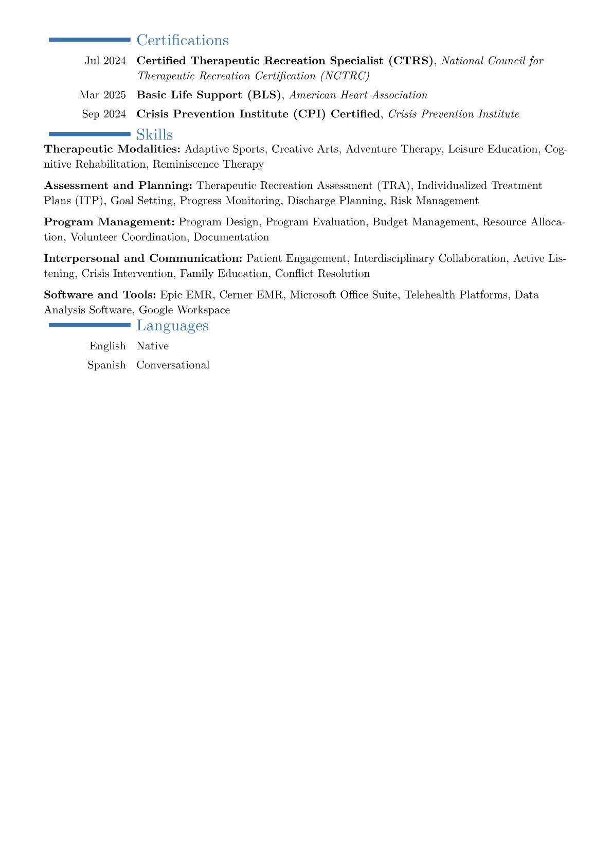 Recreation Therapist resume example, Career changer, page 2