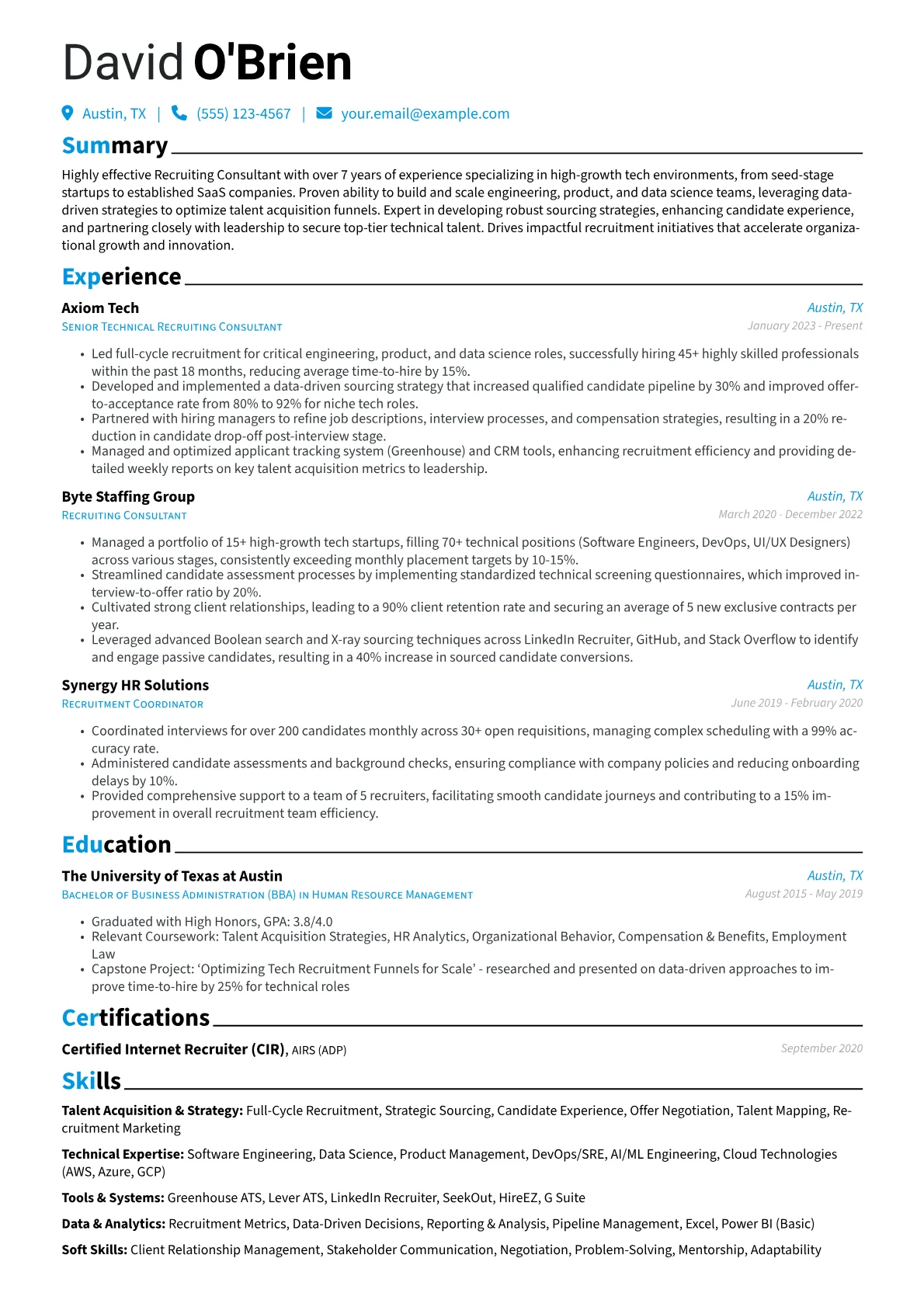 Recruiting Consultant resume example, Tech Recruiting Consultant, page 1