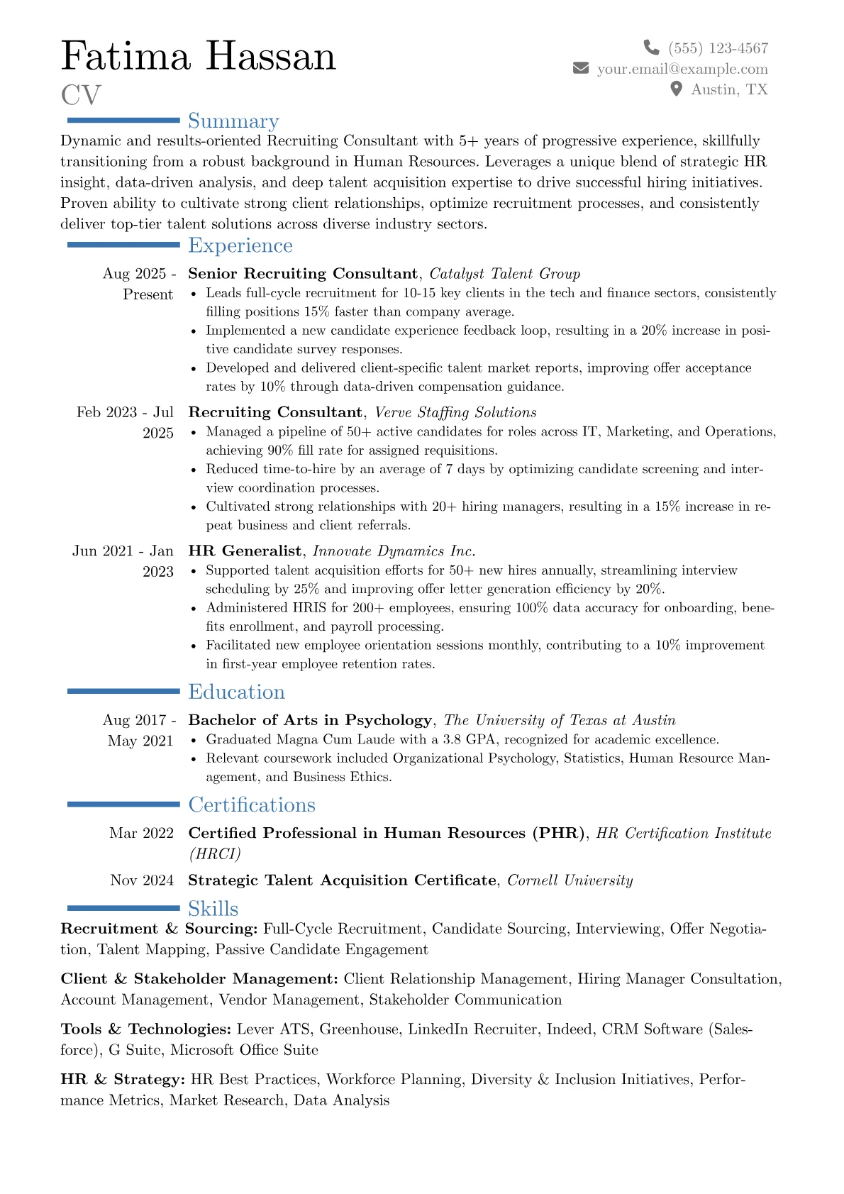 Recruiting Consultant resume example, Career changer, page 1