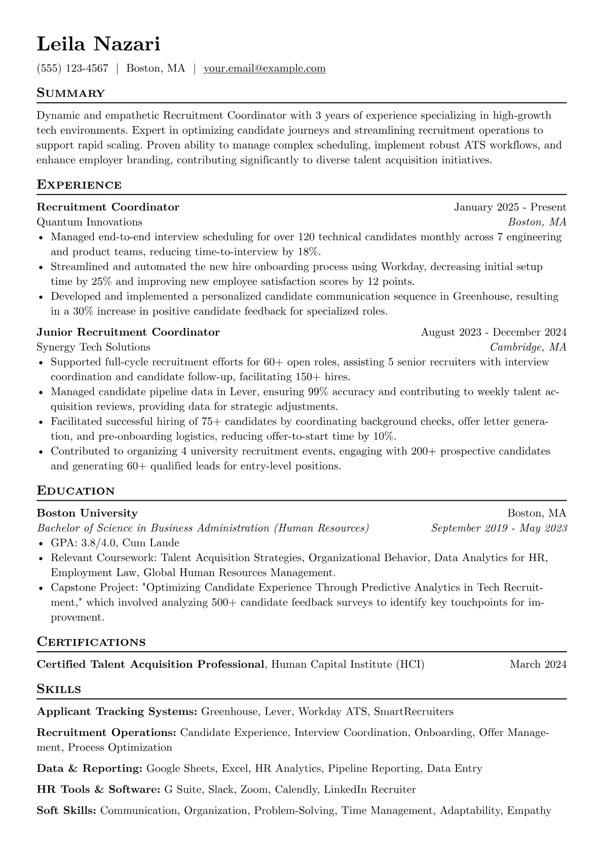 Recruitment Coordinator resume example, Recruitment Coordinator, page 1