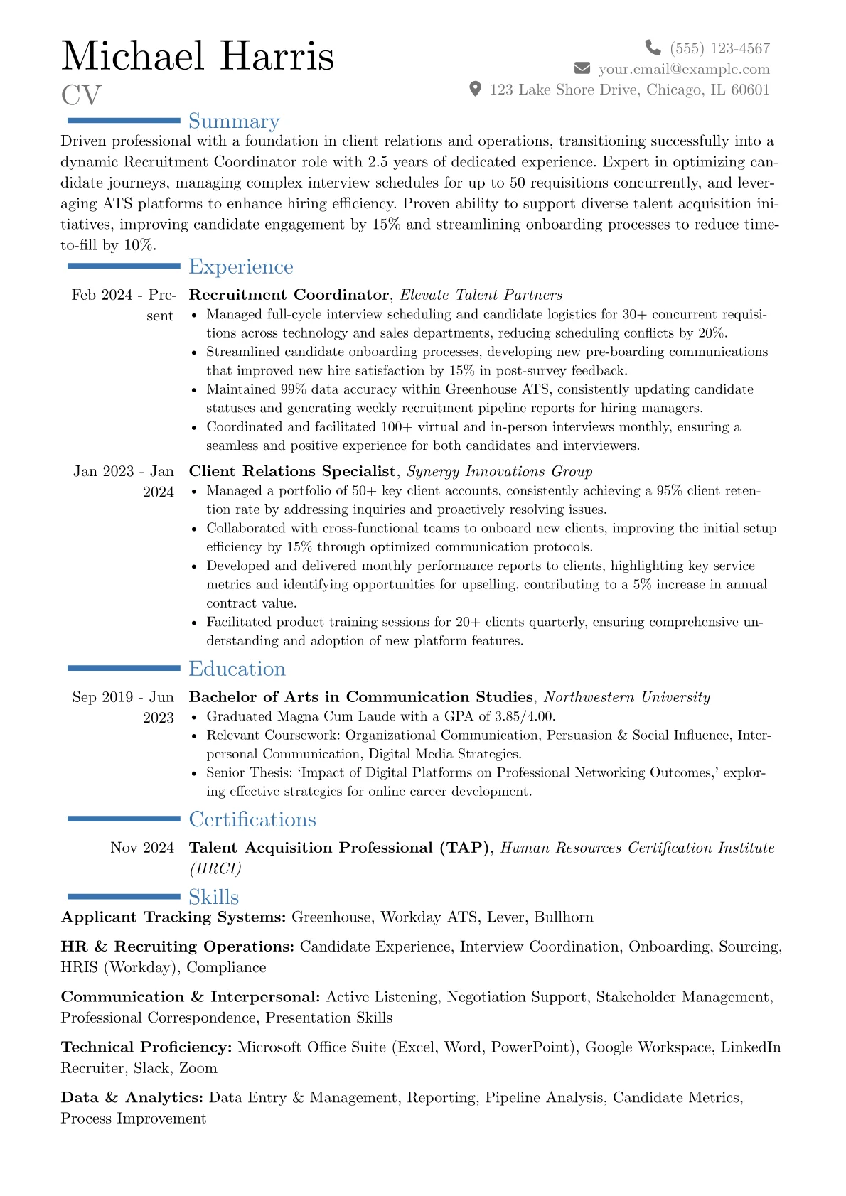 Recruitment Coordinator resume example, Career changer, page 1