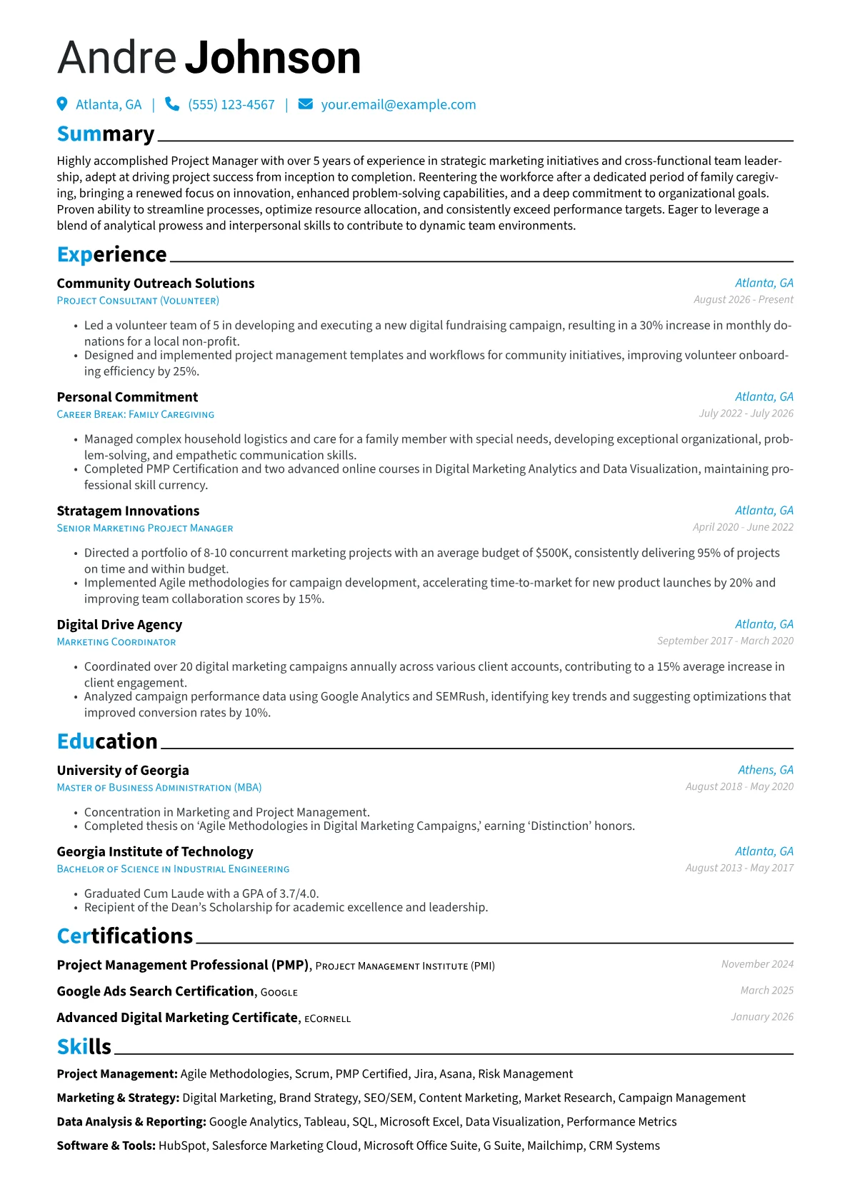 Reentering Workforce resume example, Project Management, page 1