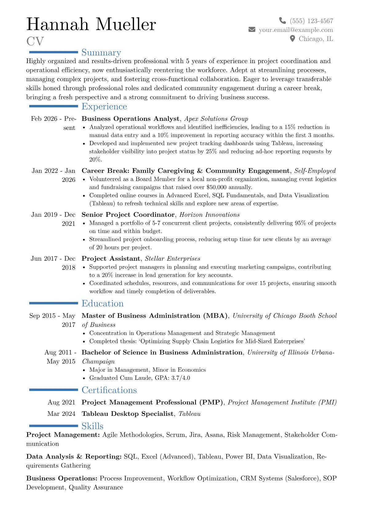 Reentering Workforce resume example, Career changer, page 1