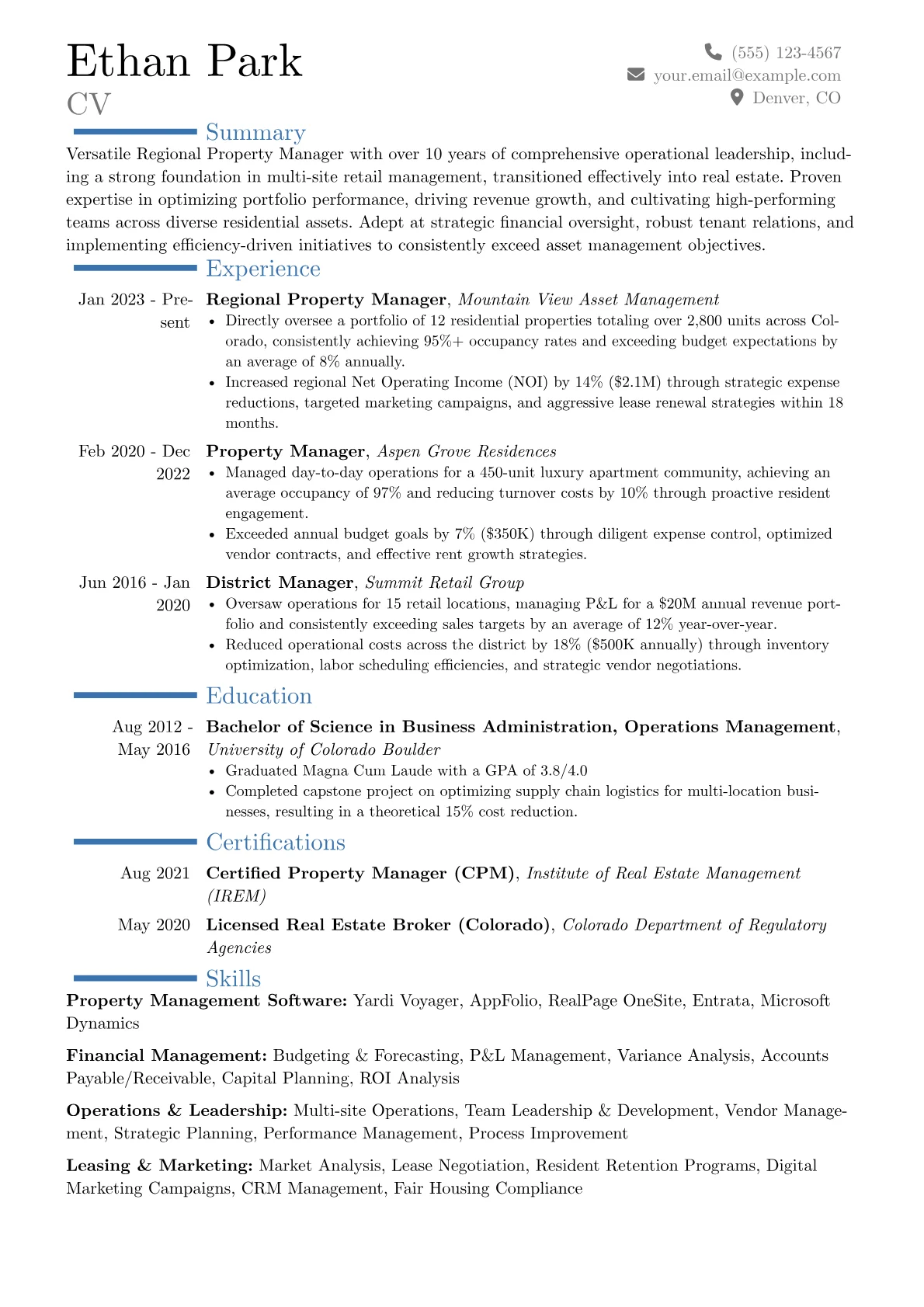 Regional Property Manager resume example, Career changer, page 1