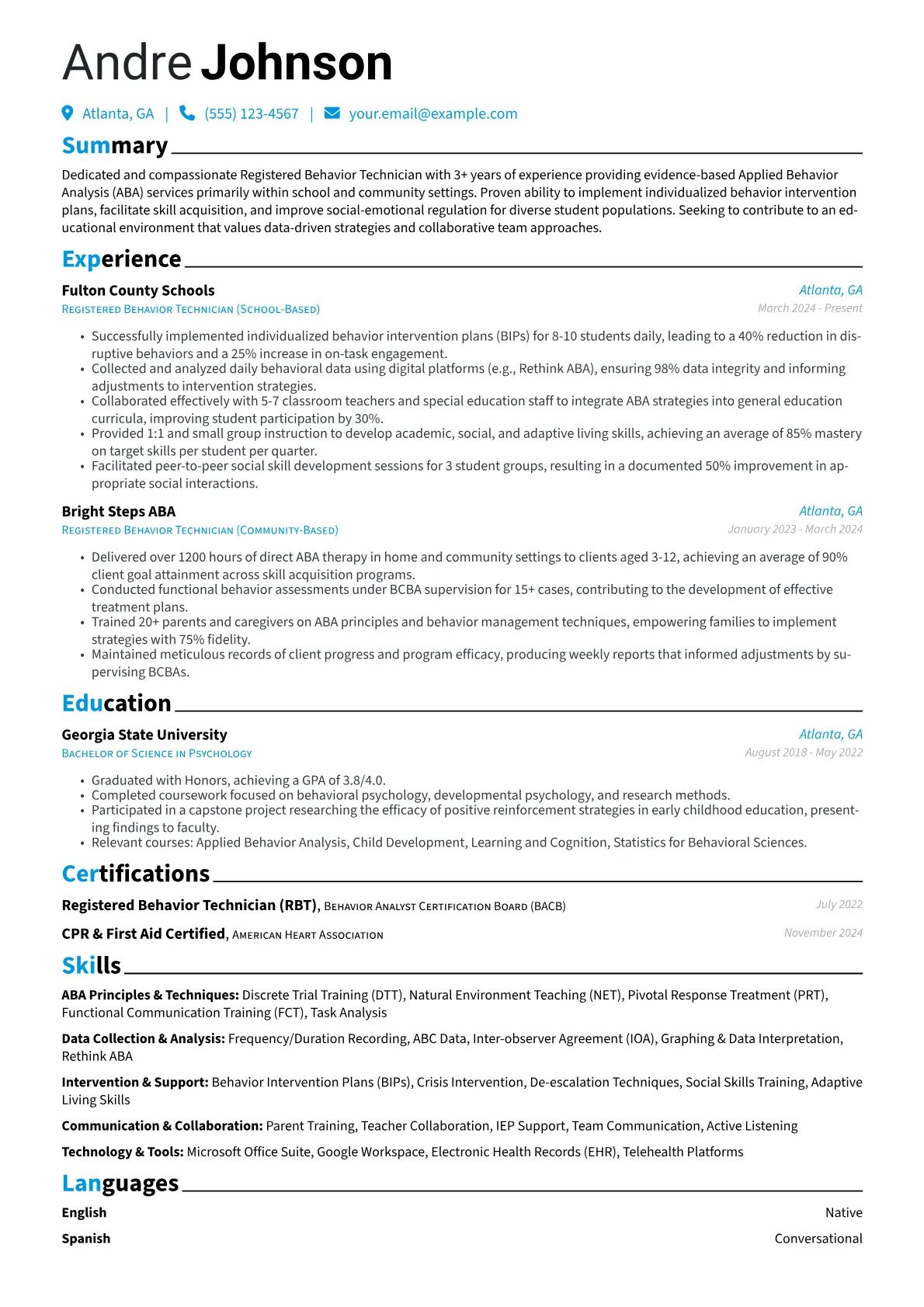 Registered Behavior Technician resume example, School-Based RBT, page 1