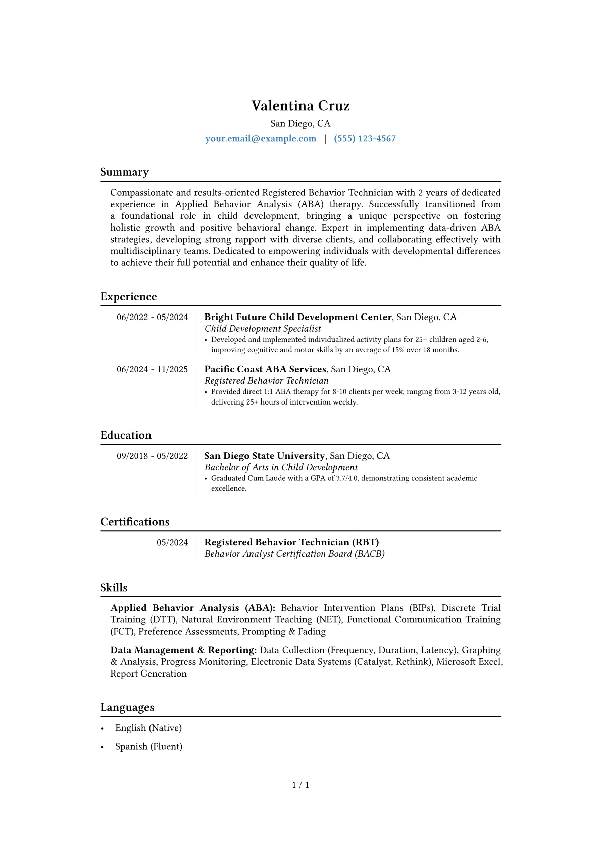 Registered Behavior Technician resume example, Career changer, page 1