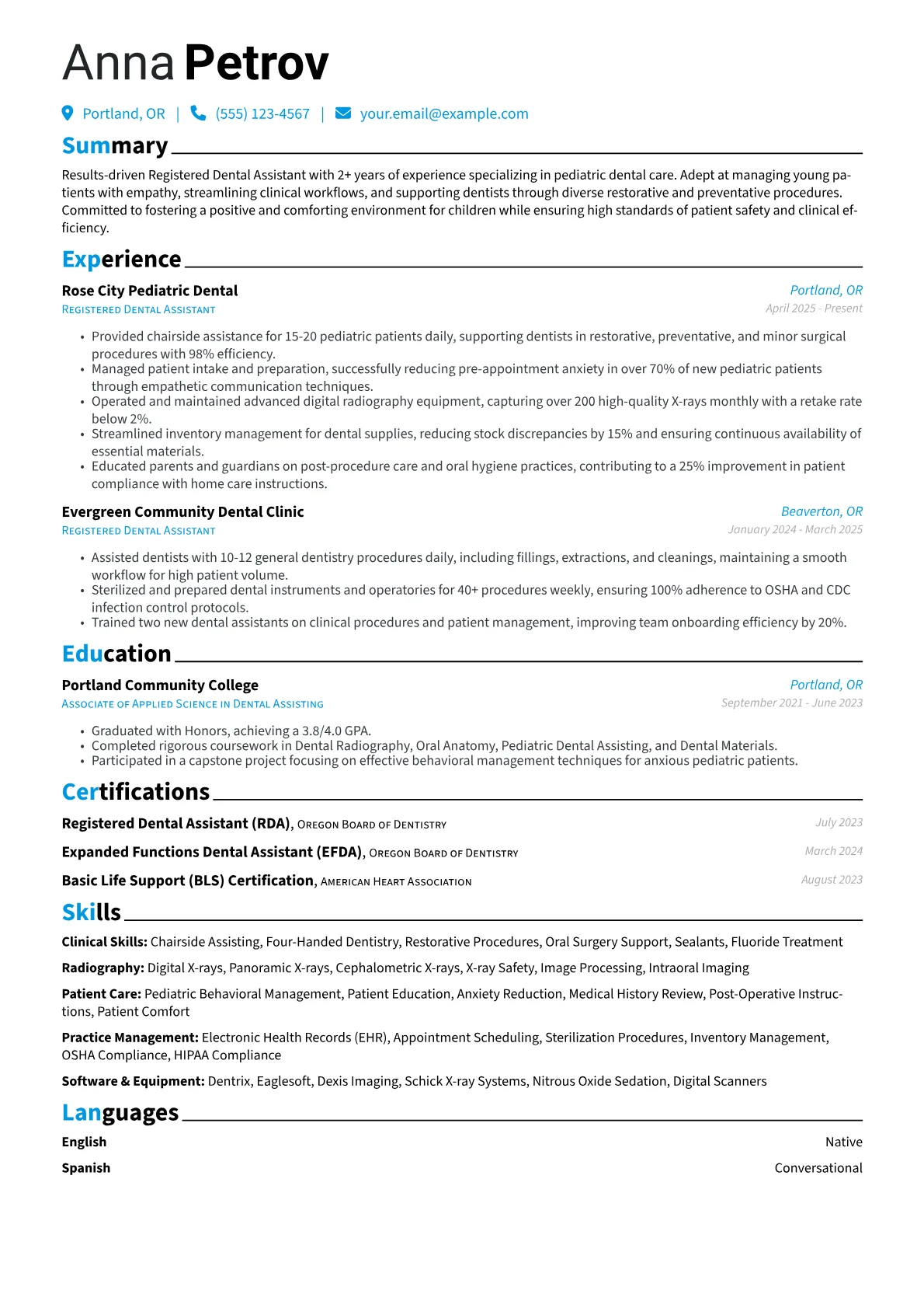 Registered Dental Assistant resume example, Pediatric Dental Assistant, page 1