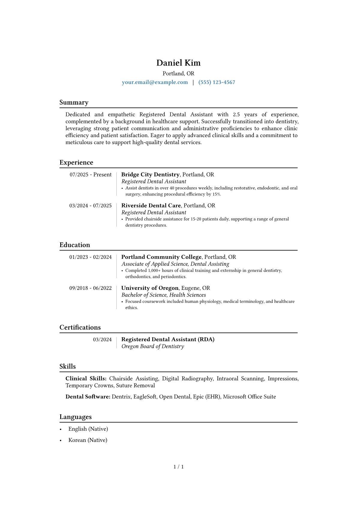 Registered Dental Assistant resume example, Career changer, page 1