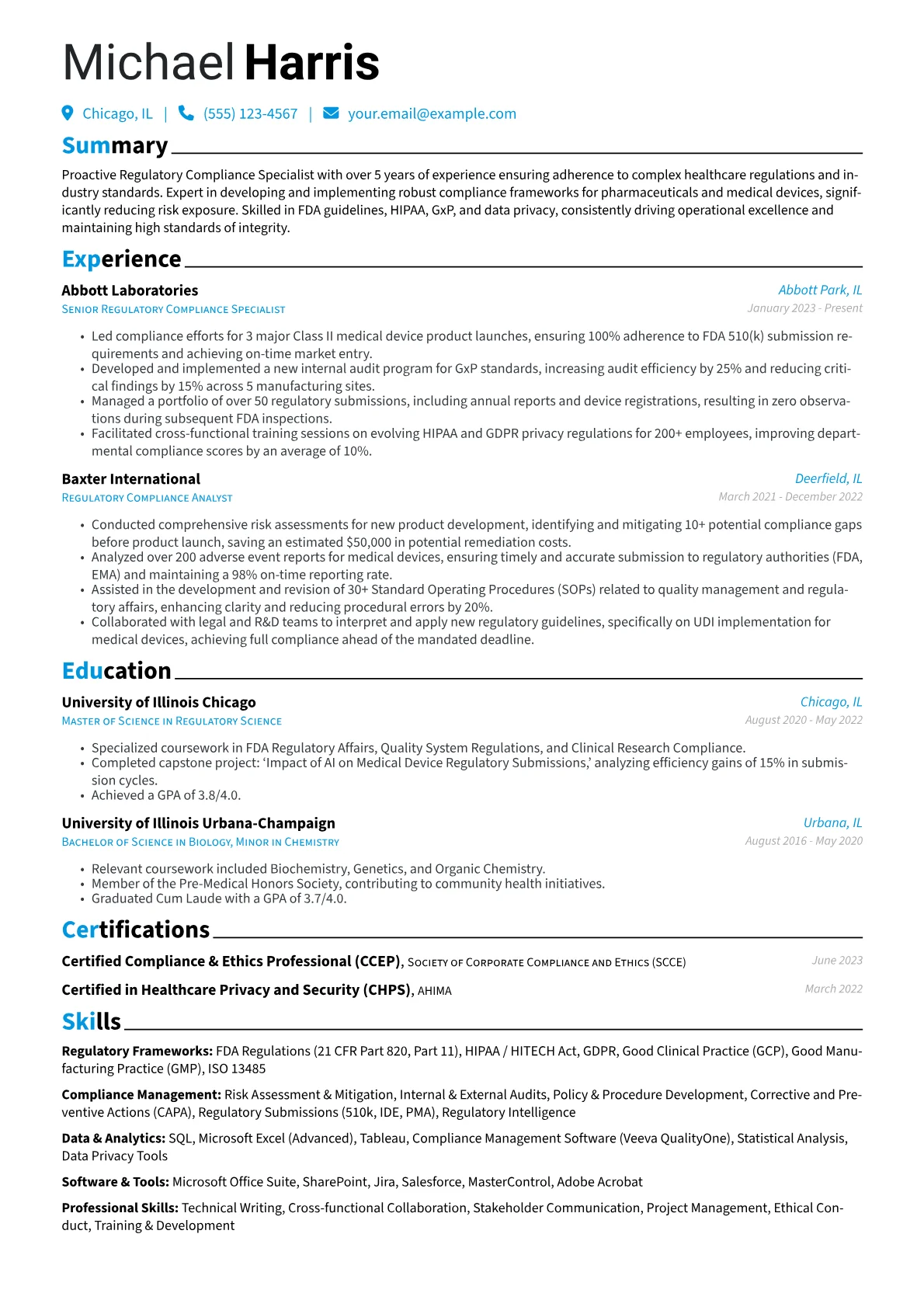 Regulatory Compliance Specialist resume example, Healthcare Regulatory, page 1