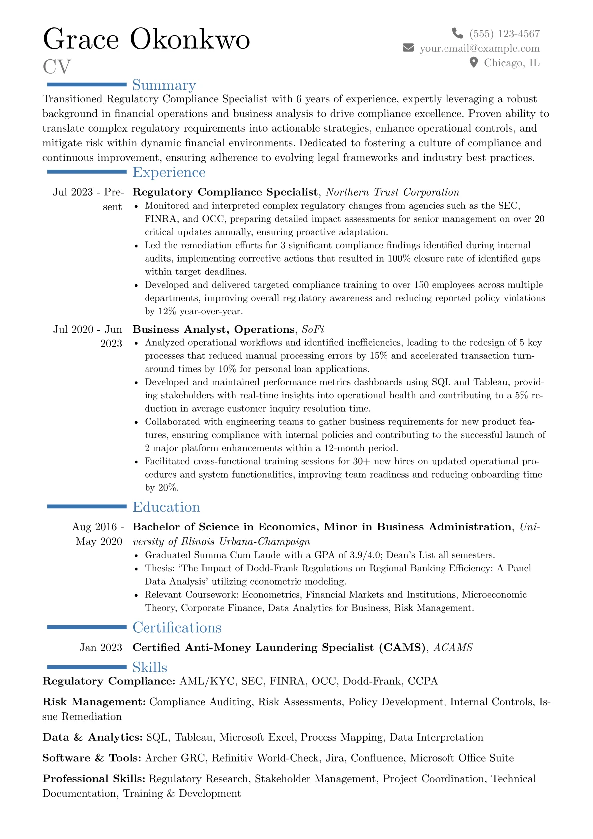 Regulatory Compliance Specialist resume example, Career changer, page 1