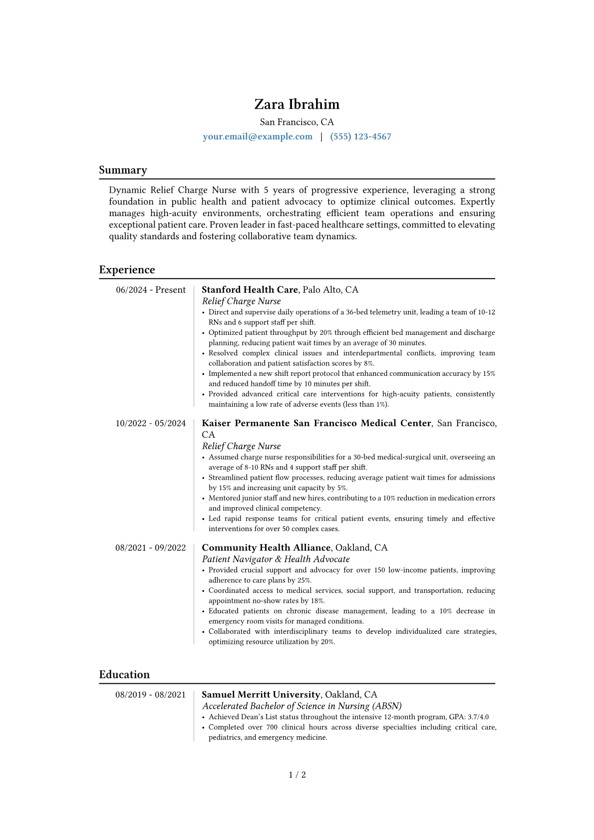 Relief Charge Nurse resume example, Career changer, page 1