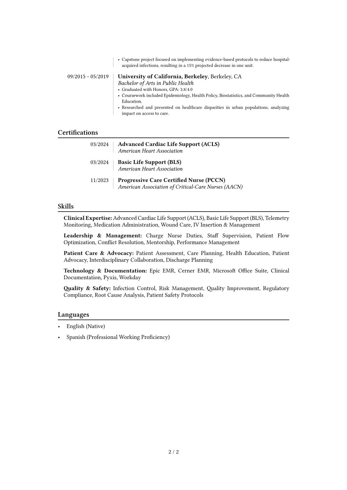 Relief Charge Nurse resume example, Career changer, page 2