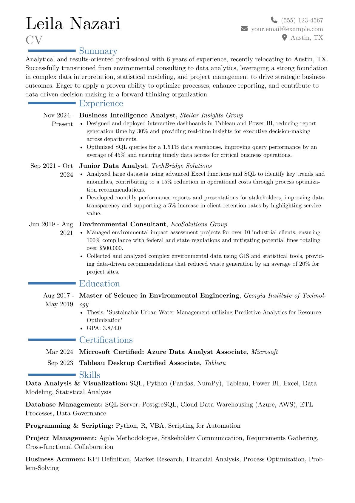 Relocation resume example, Career changer, page 1