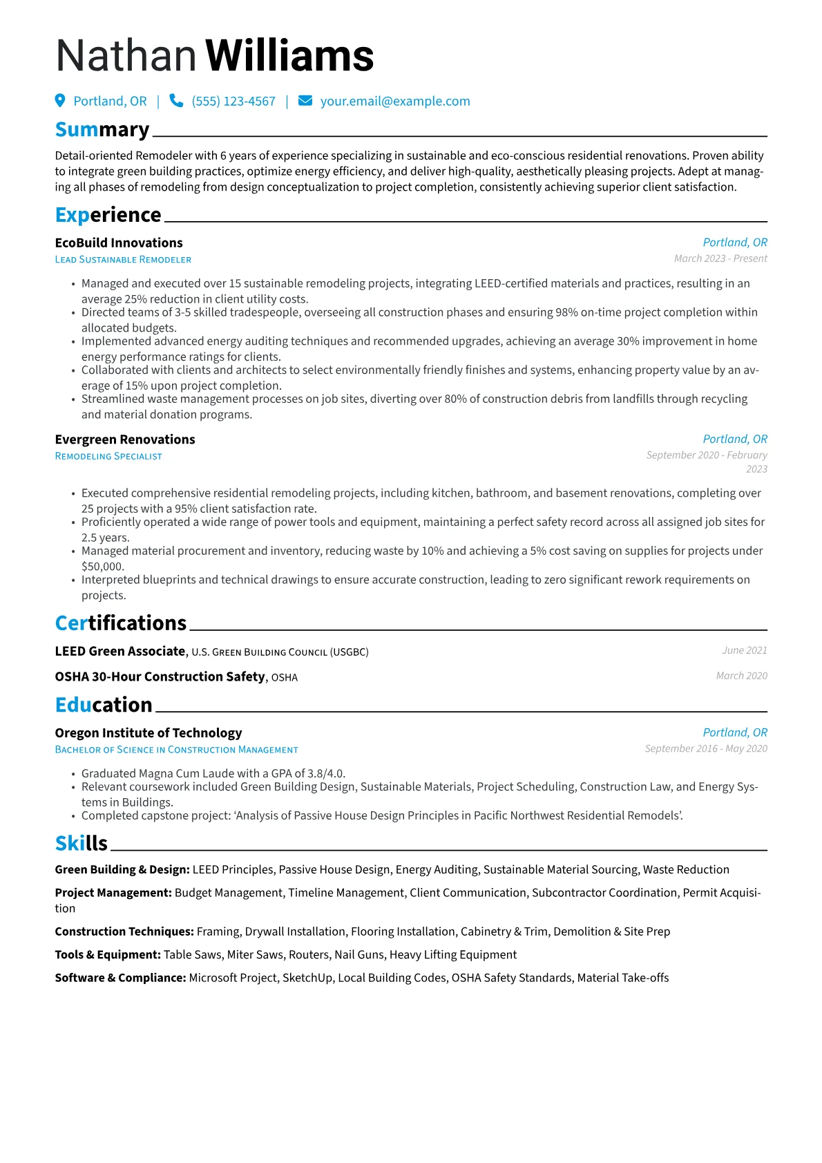 Remodeler resume example, Remodeler - Sustainable, page 1