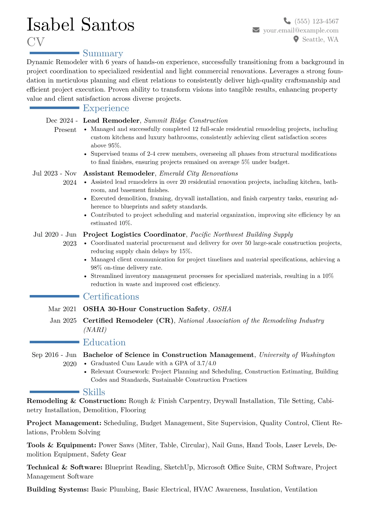 Remodeler resume example, Career changer, page 1