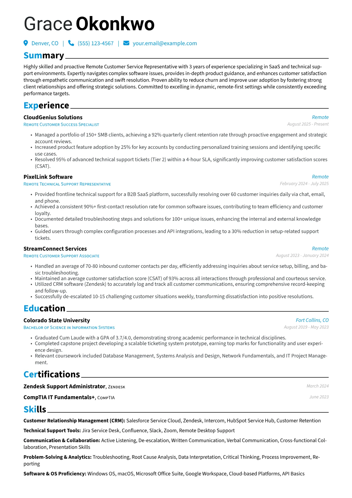 Remote Customer Service Representative resume example, Remote Customer Service, page 1