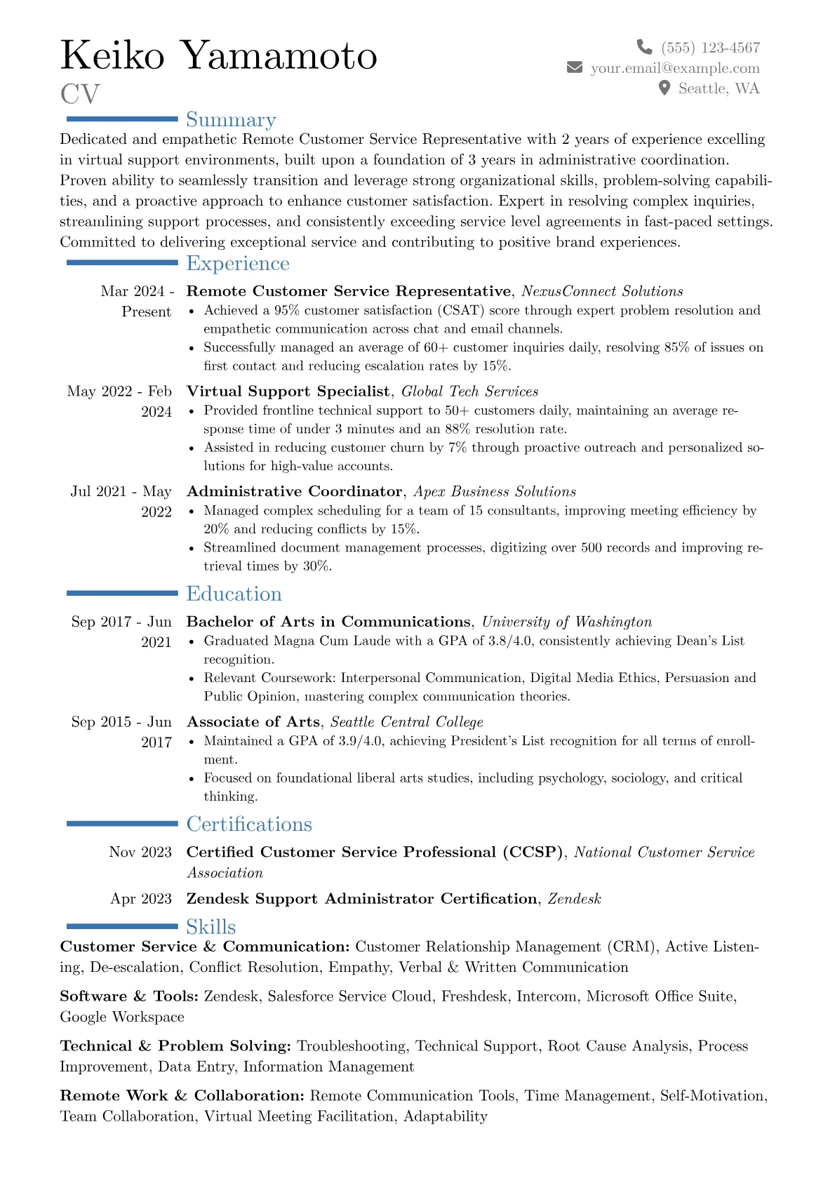 Remote Customer Service Representative resume example, Career changer, page 1