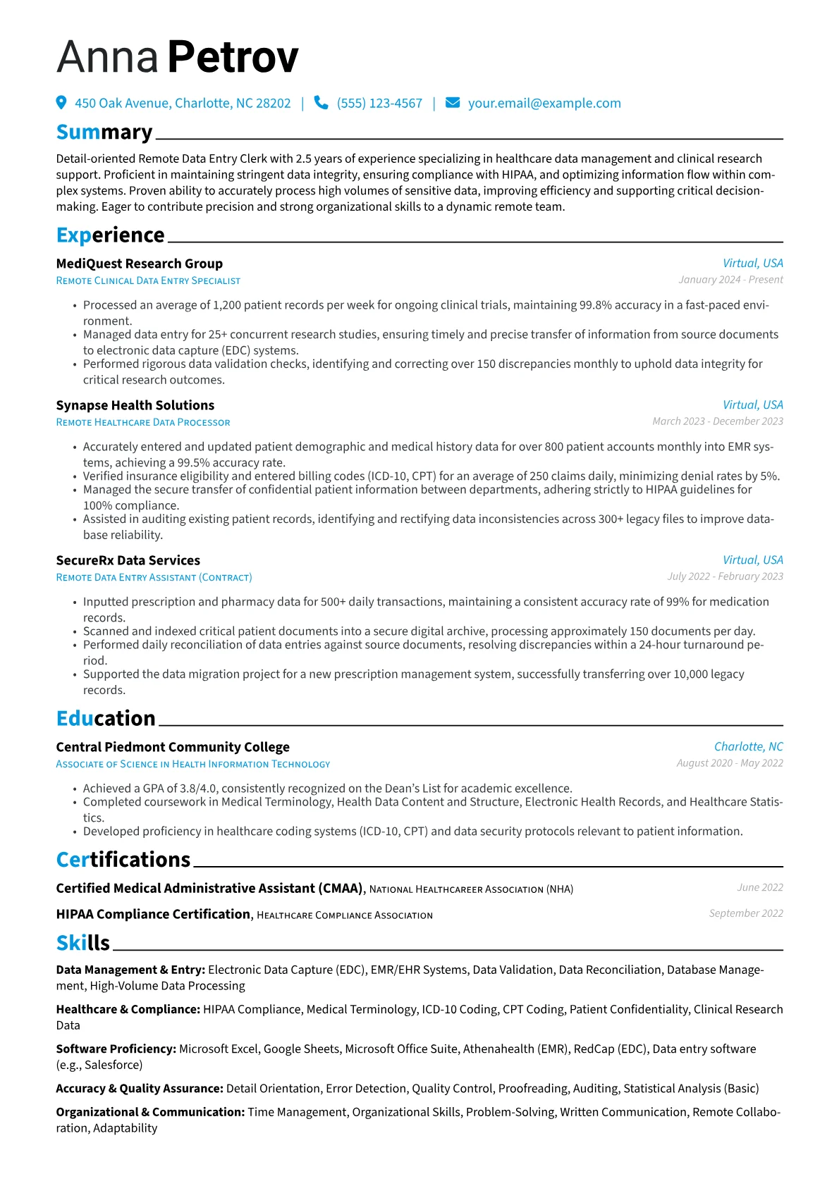 Remote Data Entry Clerk resume example, Healthcare Data Entry, page 1