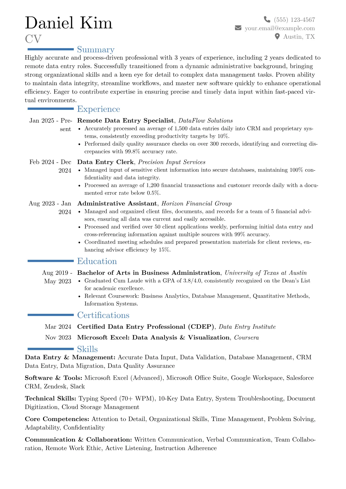 Remote Data Entry Clerk resume example, Career changer, page 1