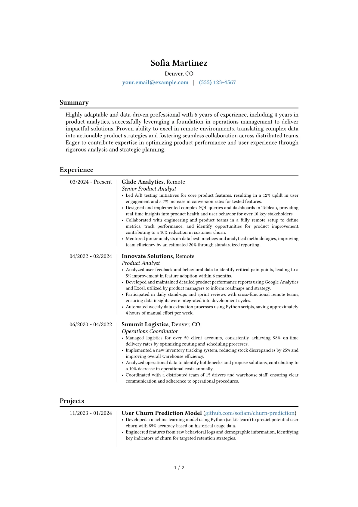 Remote Work resume example, Career changer, page 1