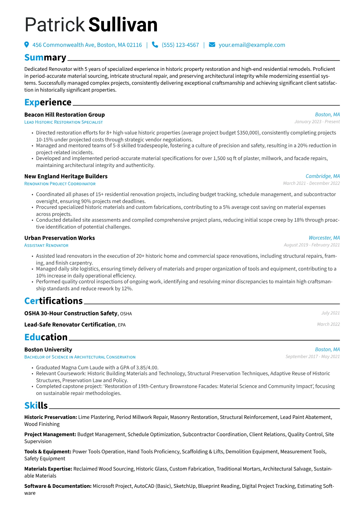 Renovator resume example, Historic Preservation, page 1