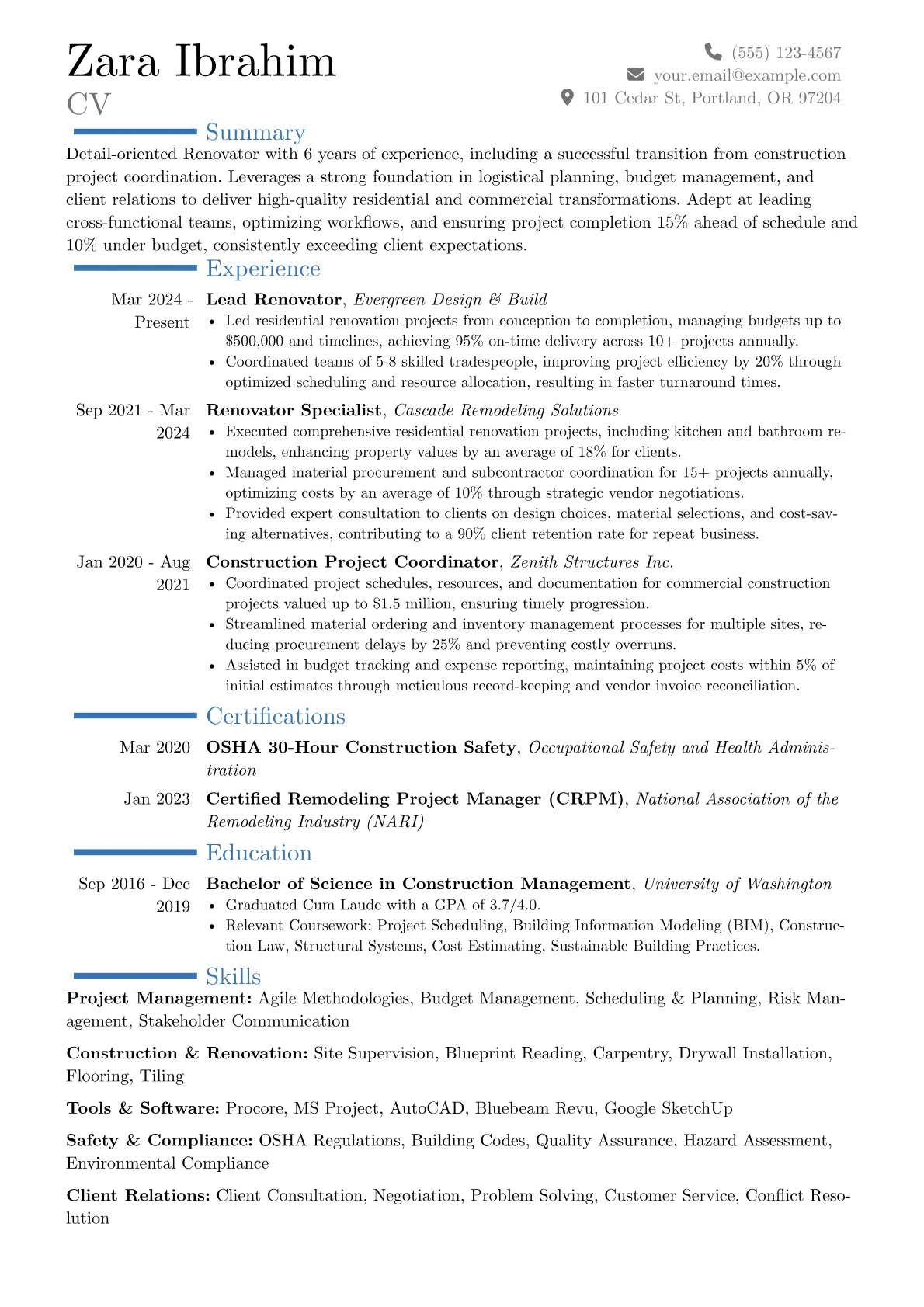 Renovator resume example, Career changer, page 1