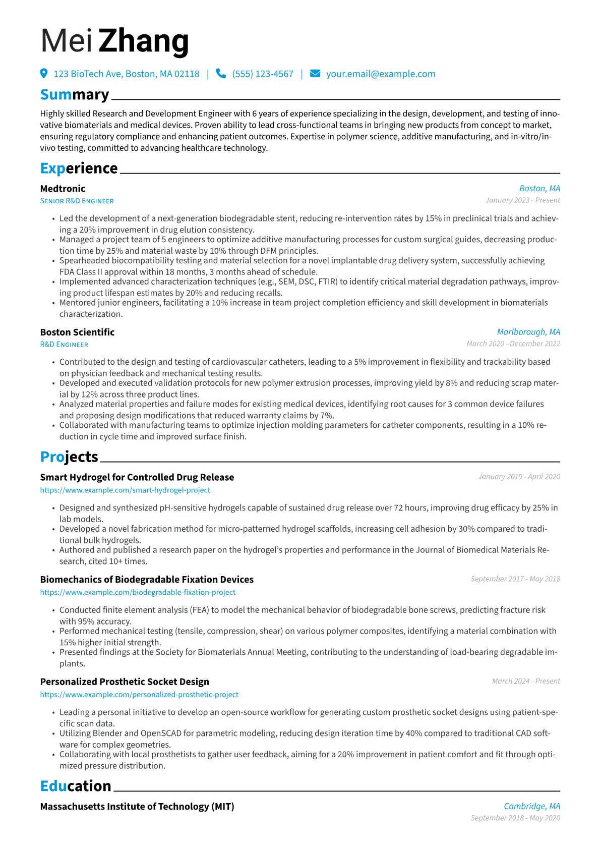 Research and Development Engineer resume example, Biomaterials & Medical, page 1