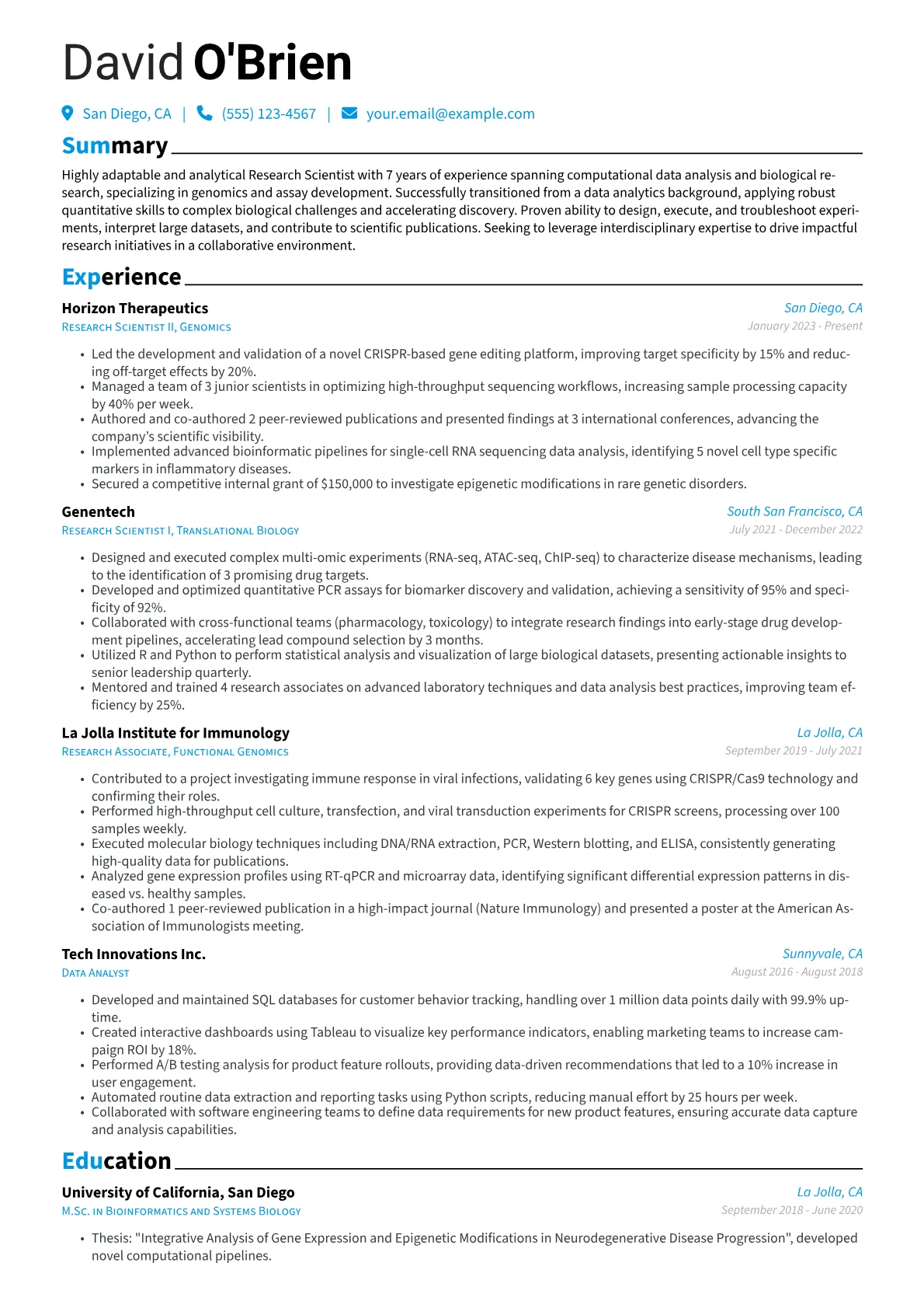Research CV Example resume example, Career changer, page 1