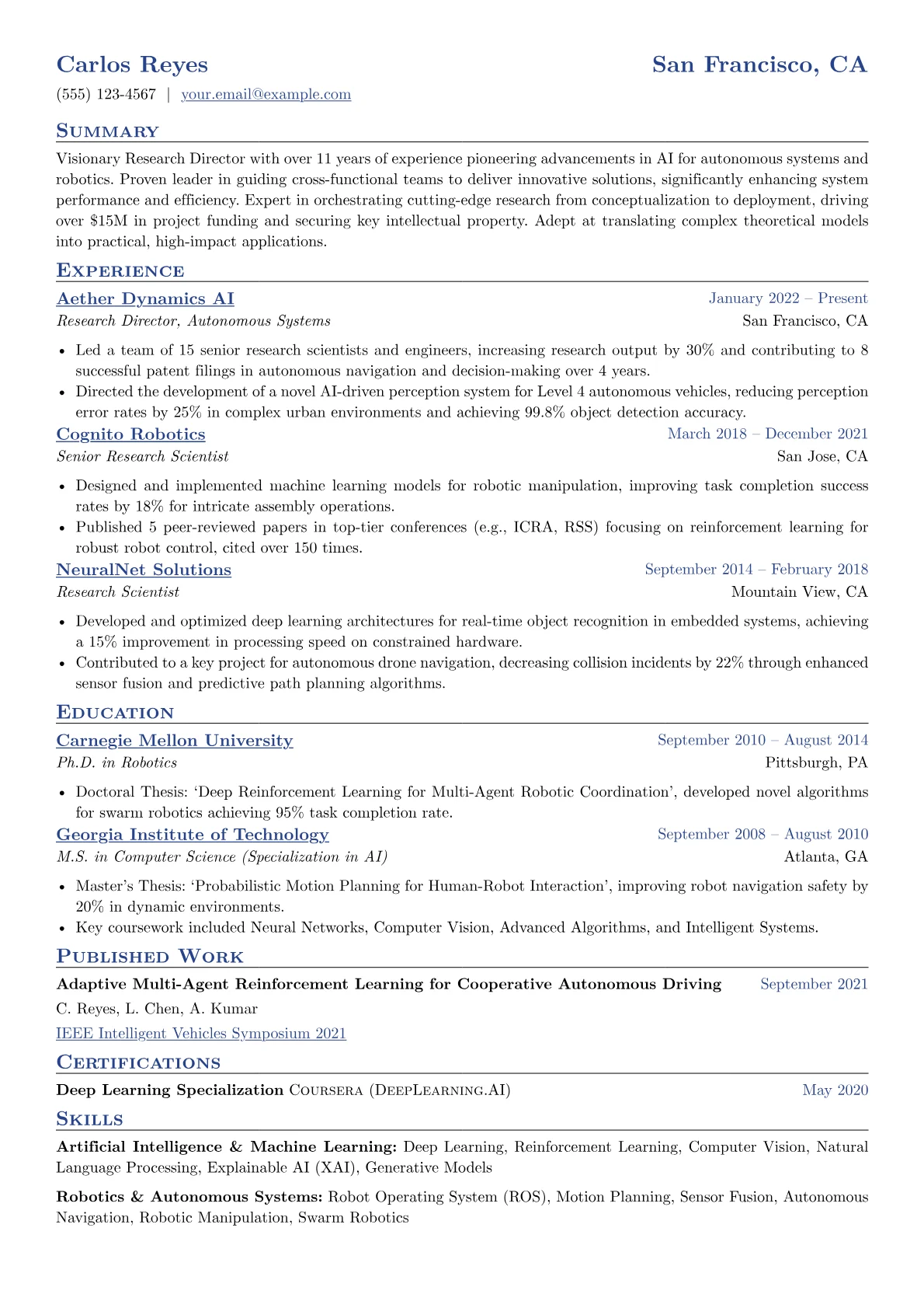 Research Director resume example, Artificial Intelligence, page 1