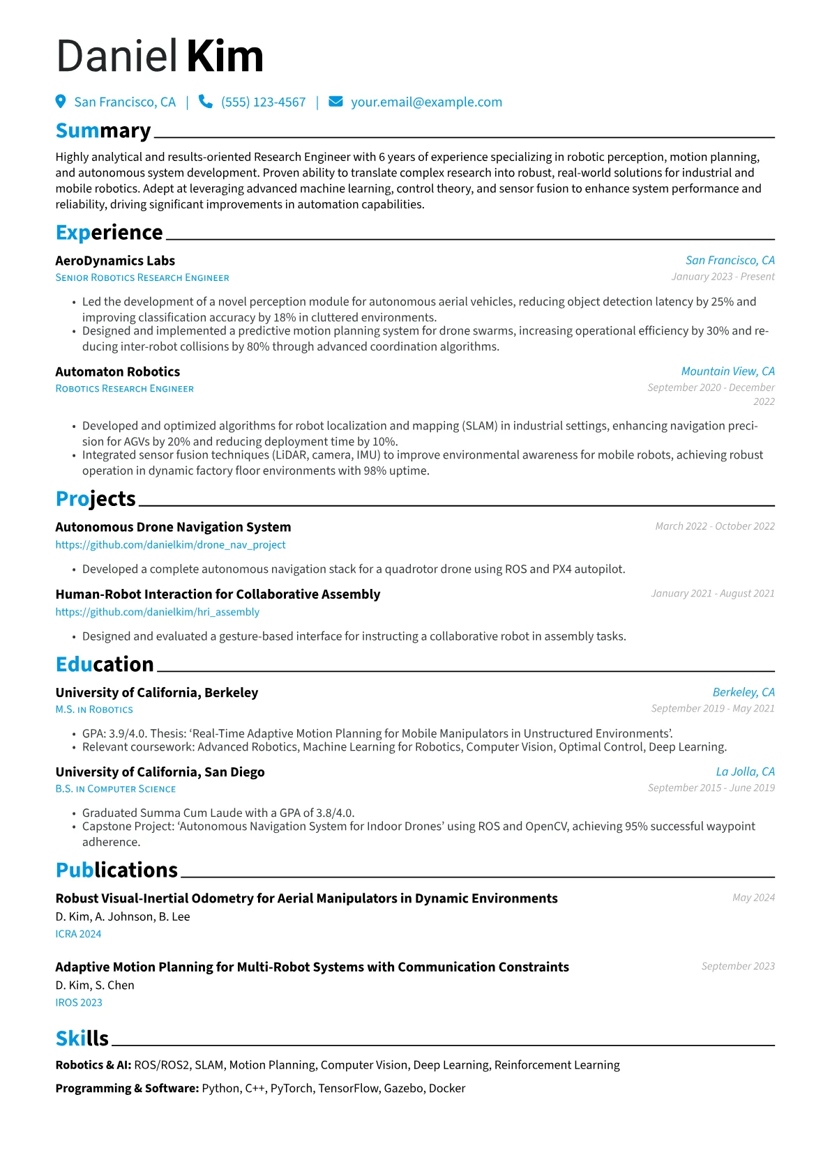 Research Engineer resume example, Robotics & AI, page 1