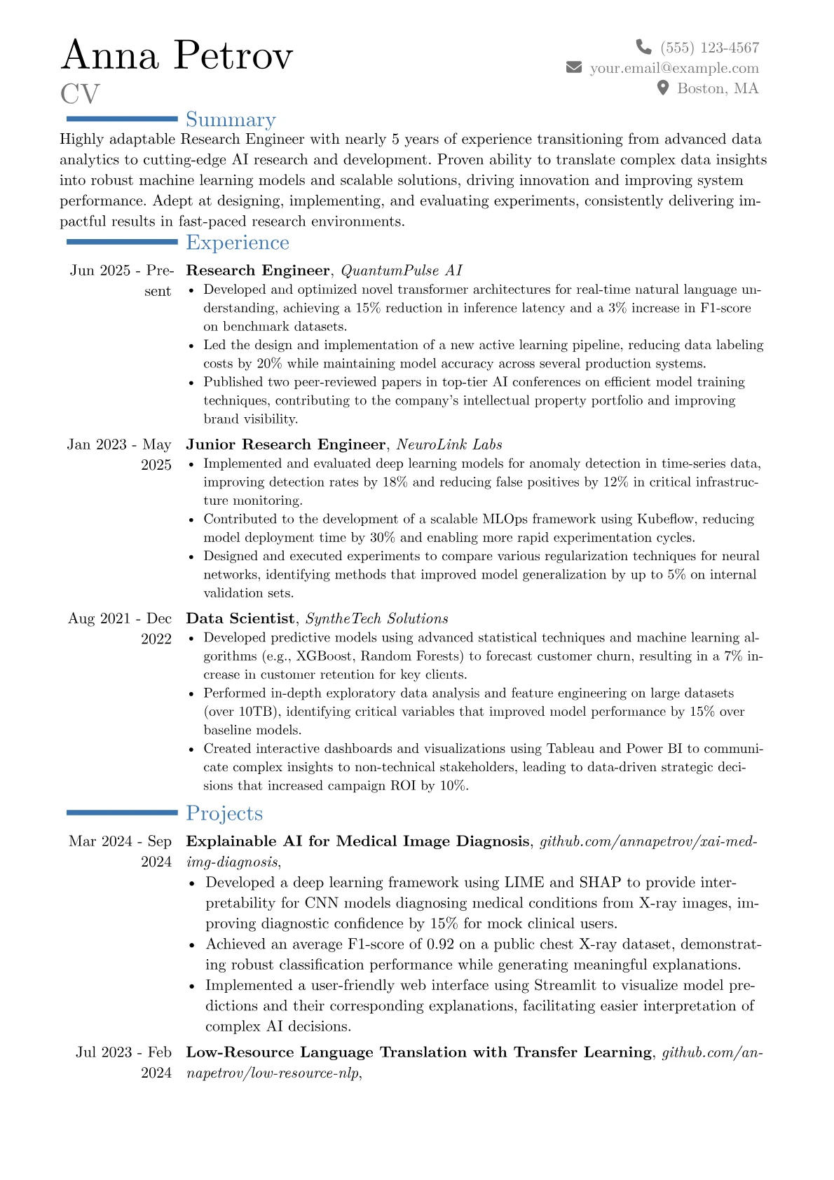 Research Engineer resume example, Career changer, page 1