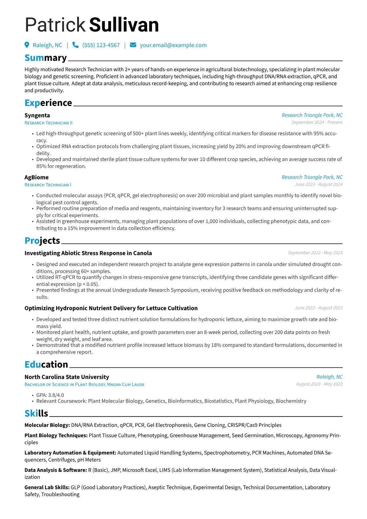 Research Technician resume example, Molecular Biology, page 1