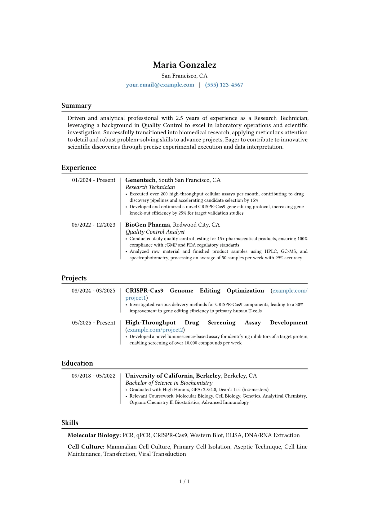 Research Technician resume example, Career changer, page 1